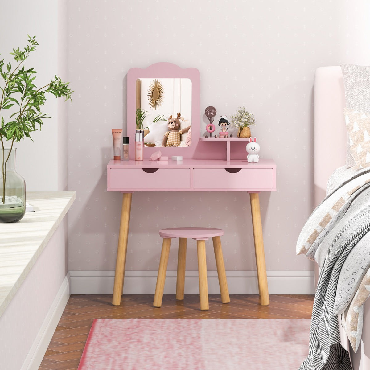 Kids Vanity Table and Stool Set with Square Mirror and Storage Shelf-Light Pink
