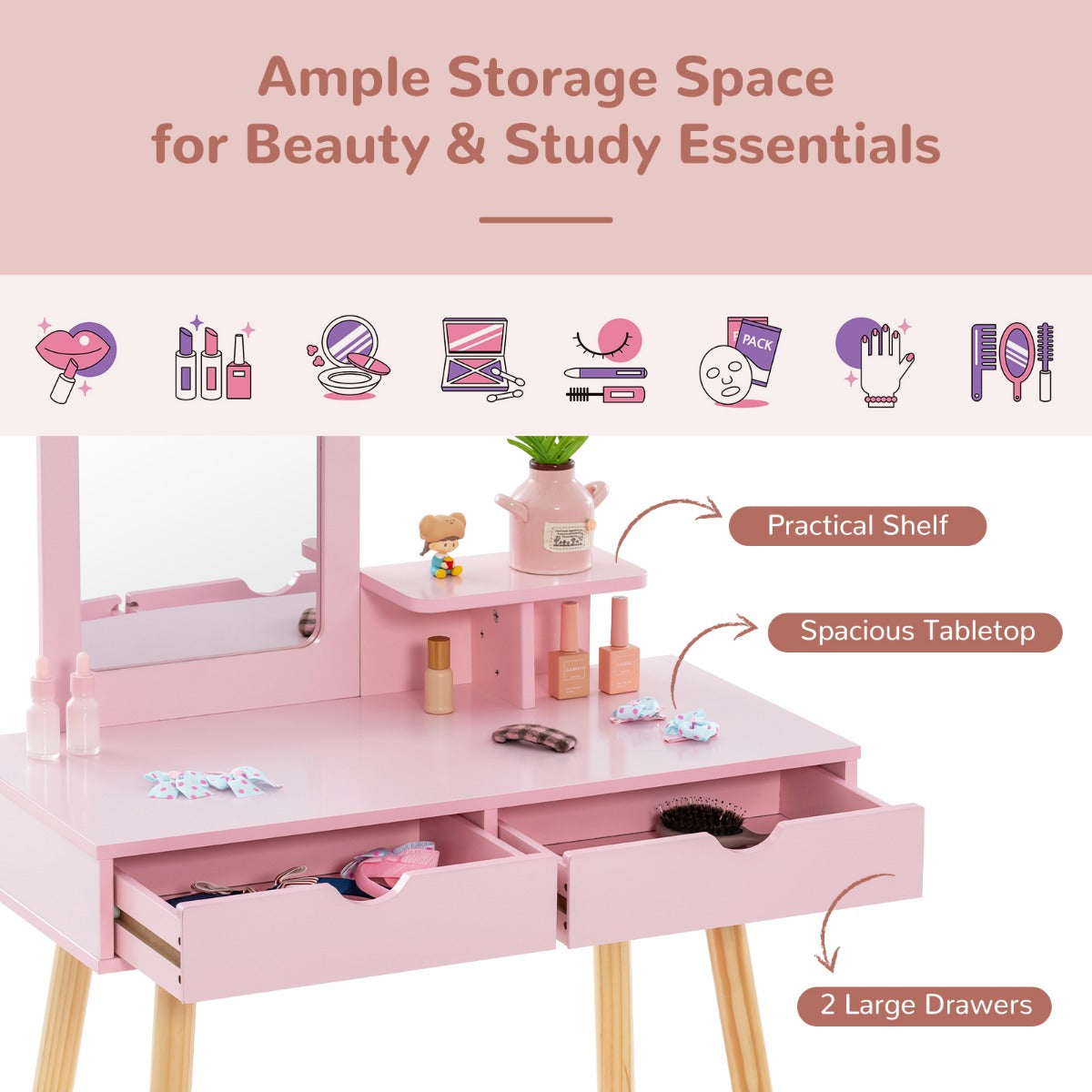 Kids Vanity Table and Stool Set with Square Mirror and Storage Shelf-Light Pink