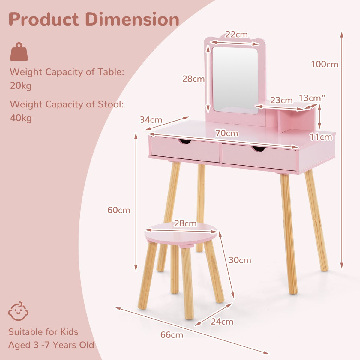 Kids Vanity Table and Stool Set with Square Mirror and Storage Shelf-Light Pink