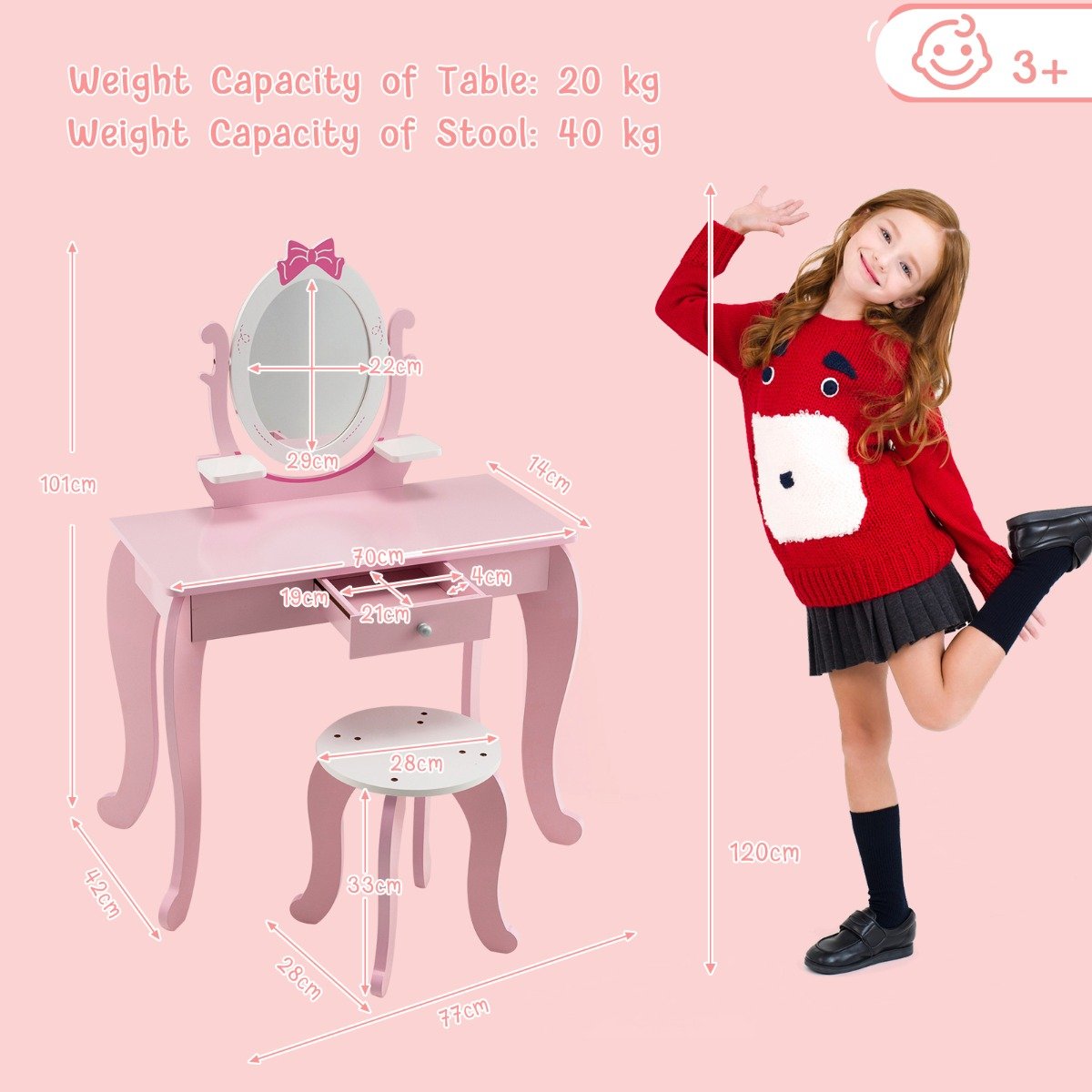 2 in 1 Kids Vanity Table with Stool and 360° Rotating Mirror-Pink & White