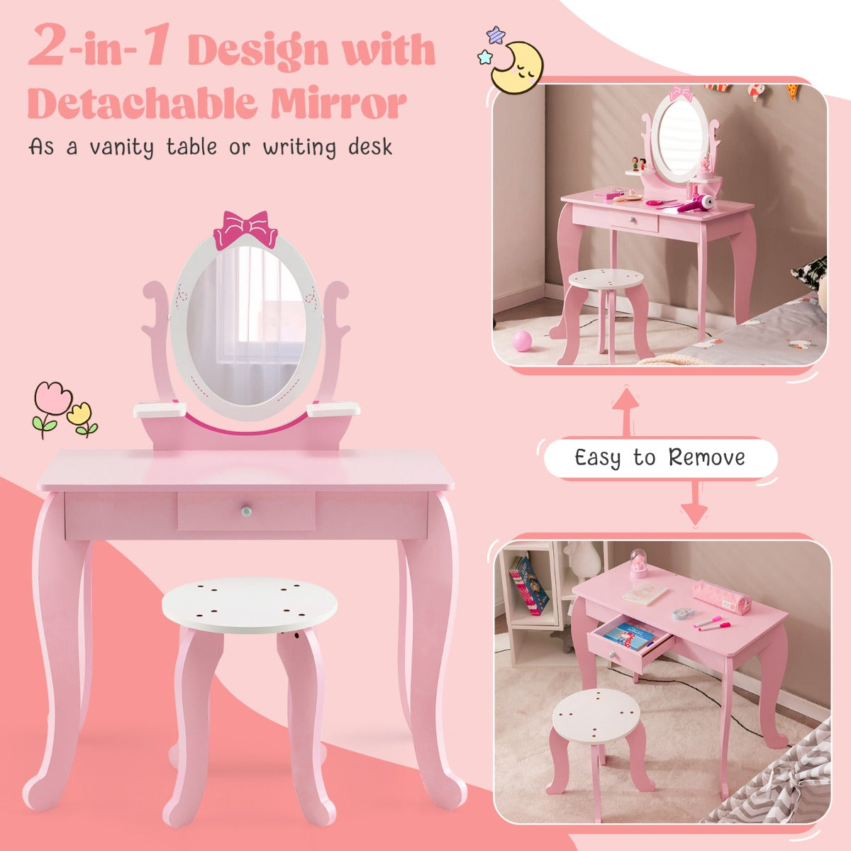 2 in 1 Kids Vanity Table with Stool and 360° Rotating Mirror-Pink & White