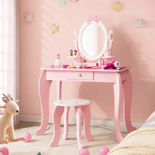 2 in 1 Kids Vanity Table with Stool and 360° Rotating Mirror-Pink & White