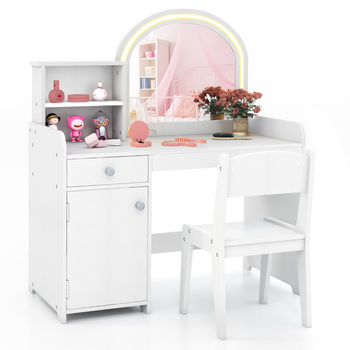 Kids Vanity Table and Chair Set with Shelves Drawer and Cabinet-Light Pink