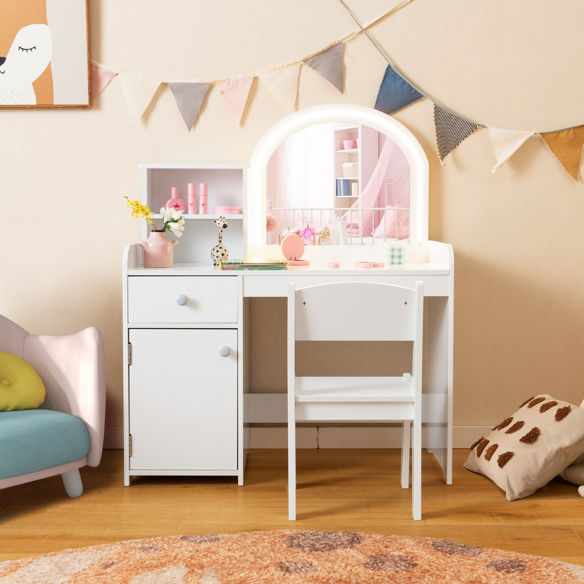 Kids Vanity Table and Chair Set with Shelves Drawer and Cabinet-Light Pink