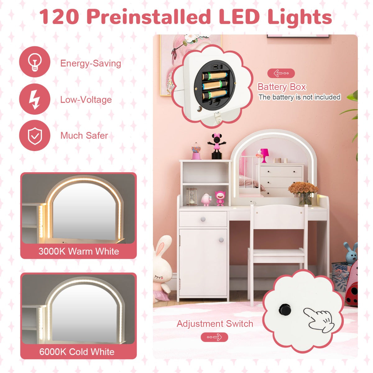 Kids Vanity Table and Chair Set with Shelves Drawer and Cabinet-Light Pink