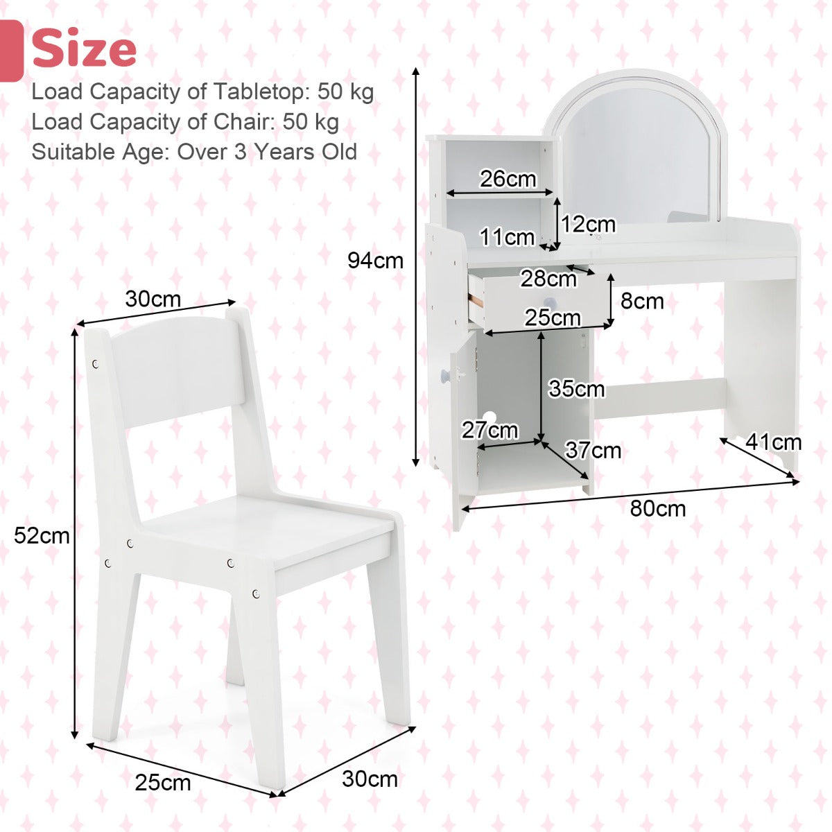 Kids Vanity Table and Chair Set with Shelves Drawer and Cabinet-Light Pink