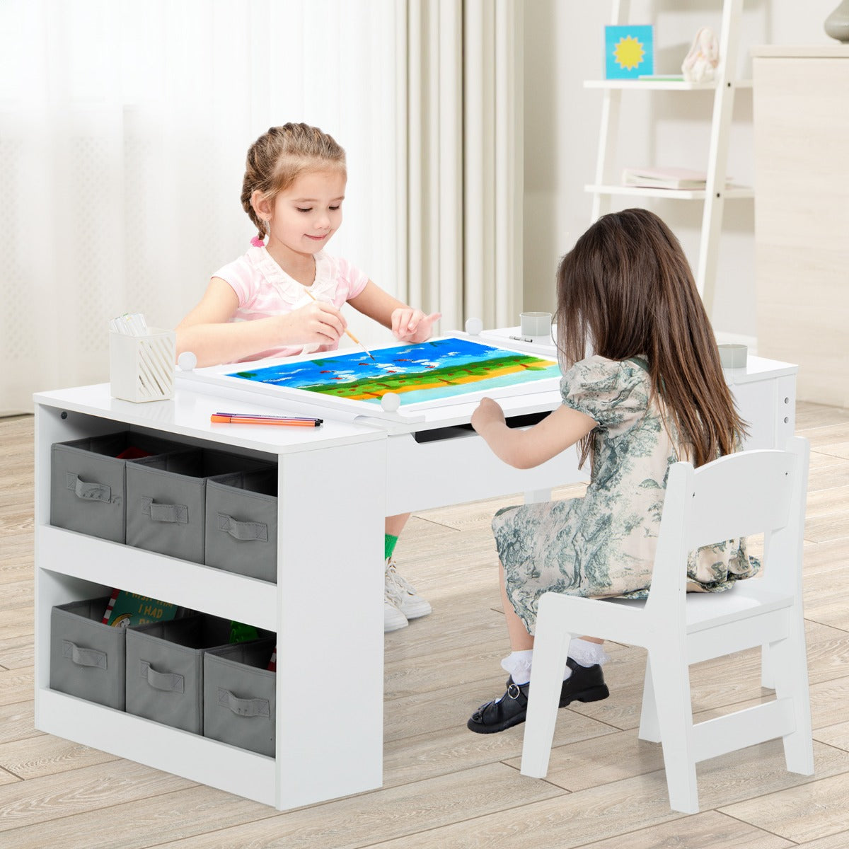 2-in-1 Kids Art Table Set with Chairs-Natural