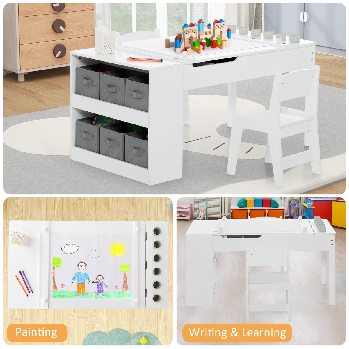 2-in-1 Kids Art Table Set with Chairs-Natural