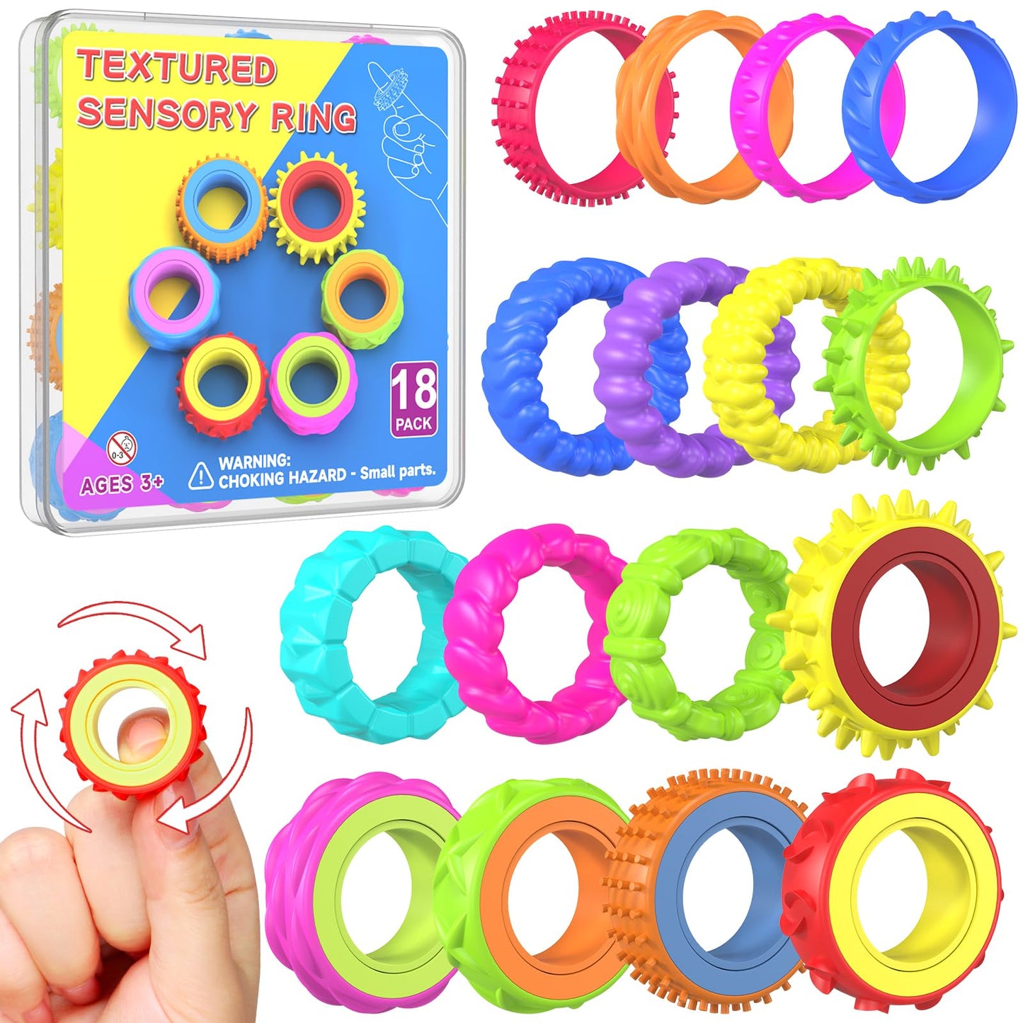 HYASIA Fidget Rings 18-Pack – Quiet Sensory Spinner Rings for Autism/ADHD