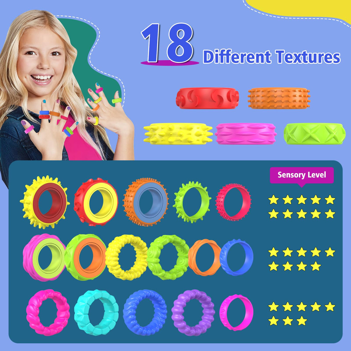 HYASIA Fidget Rings 18-Pack – Quiet Sensory Spinner Rings for Autism/ADHD