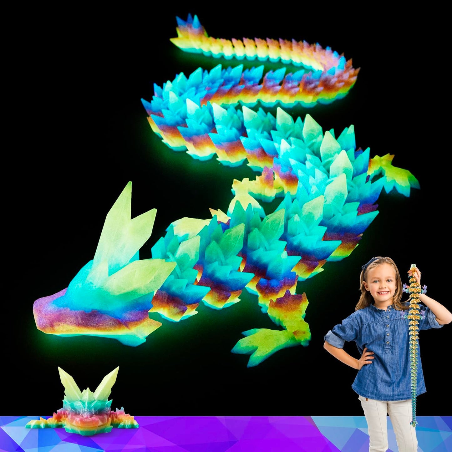 HyBaiS 24-Inch Glow-in-the-Dark 3D Dragon Figurine – Large 3D Printed Toy & Desk Decor