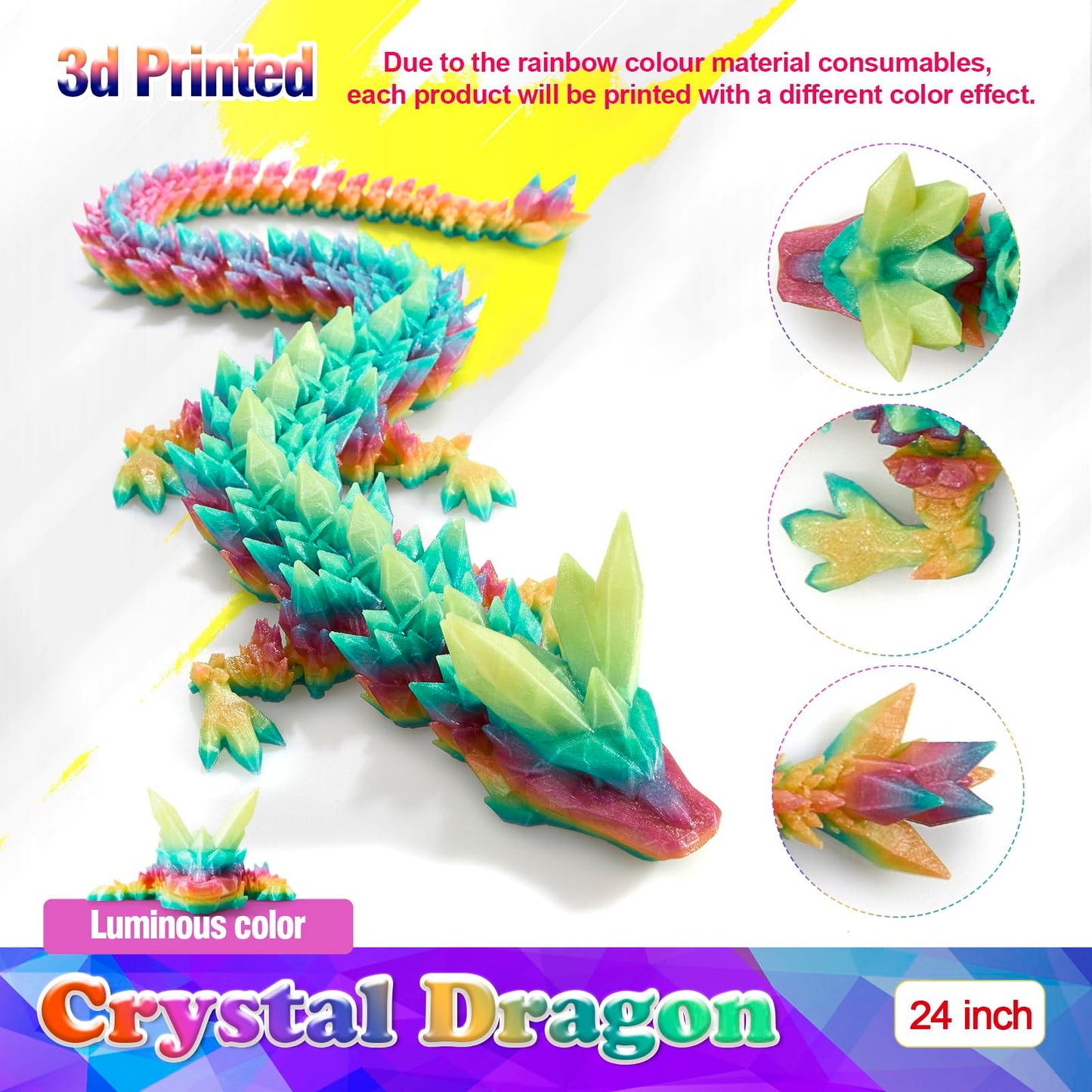 HyBaiS 24-Inch Glow-in-the-Dark 3D Dragon Figurine – Large 3D Printed Toy & Desk Decor