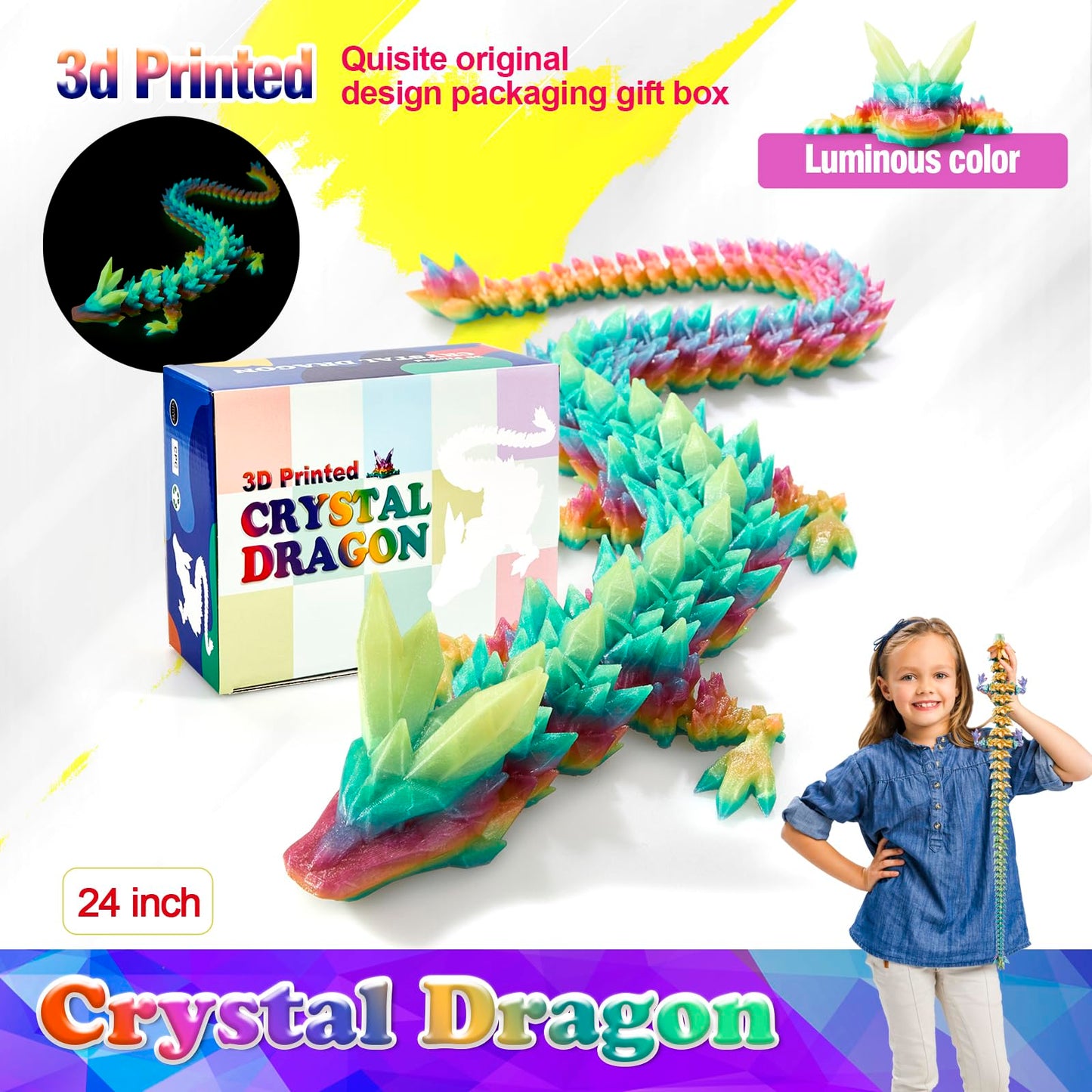 HyBaiS 24-Inch Glow-in-the-Dark 3D Dragon Figurine – Large 3D Printed Toy & Desk Decor