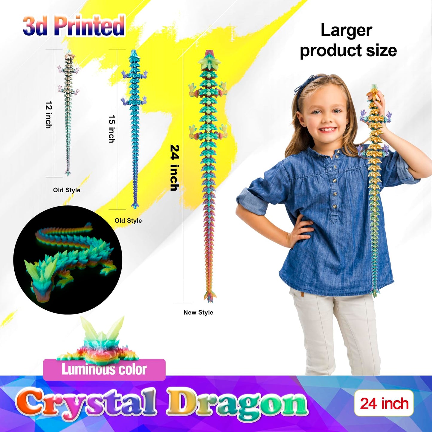 HyBaiS 24-Inch Glow-in-the-Dark 3D Dragon Figurine – Large 3D Printed Toy & Desk Decor