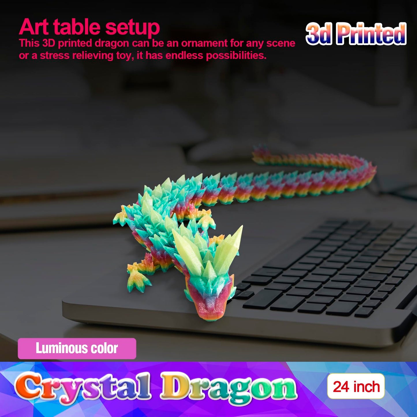 HyBaiS 24-Inch Glow-in-the-Dark 3D Dragon Figurine – Large 3D Printed Toy & Desk Decor