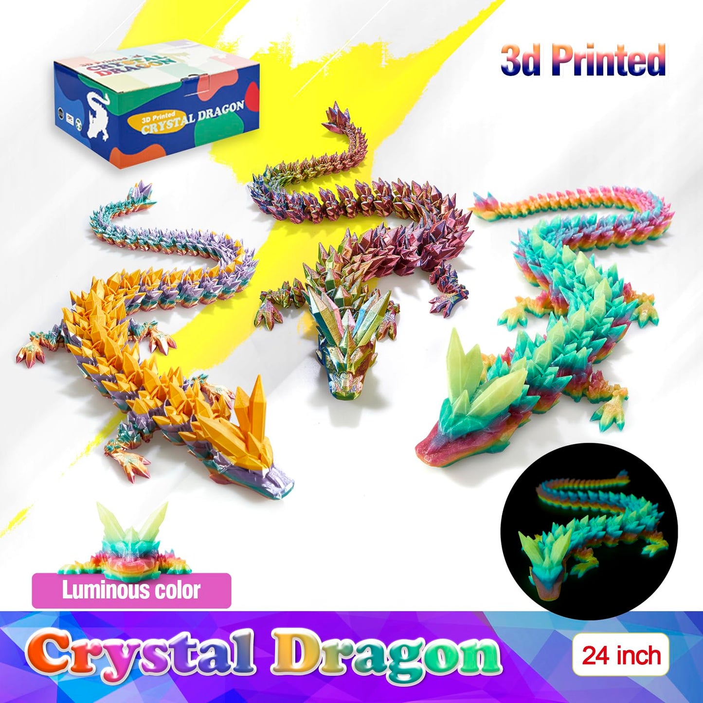HyBaiS 24-Inch Glow-in-the-Dark 3D Dragon Figurine – Large 3D Printed Toy & Desk Decor