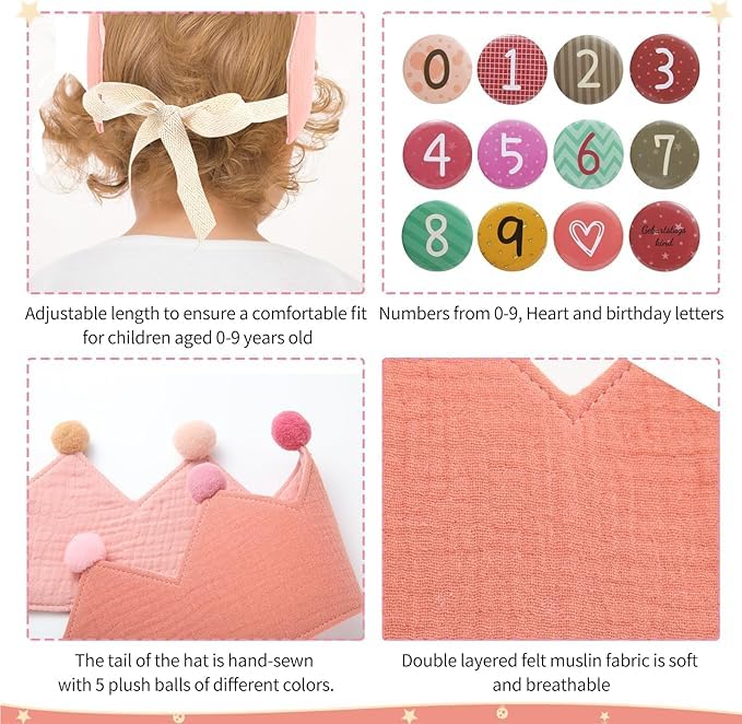 Hyber&Cara Adjustable Birthday Crown Hat with Removable Numbers (1-9) - Pink Princess Tiara for Kids