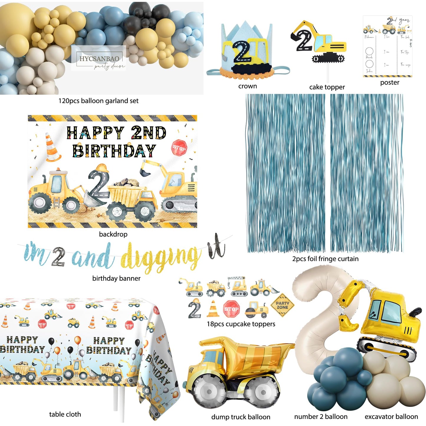 HYCSANBAO Construction Birthday Party Supplies for 2nd Birthday Boy – Backdrop, Garland & More