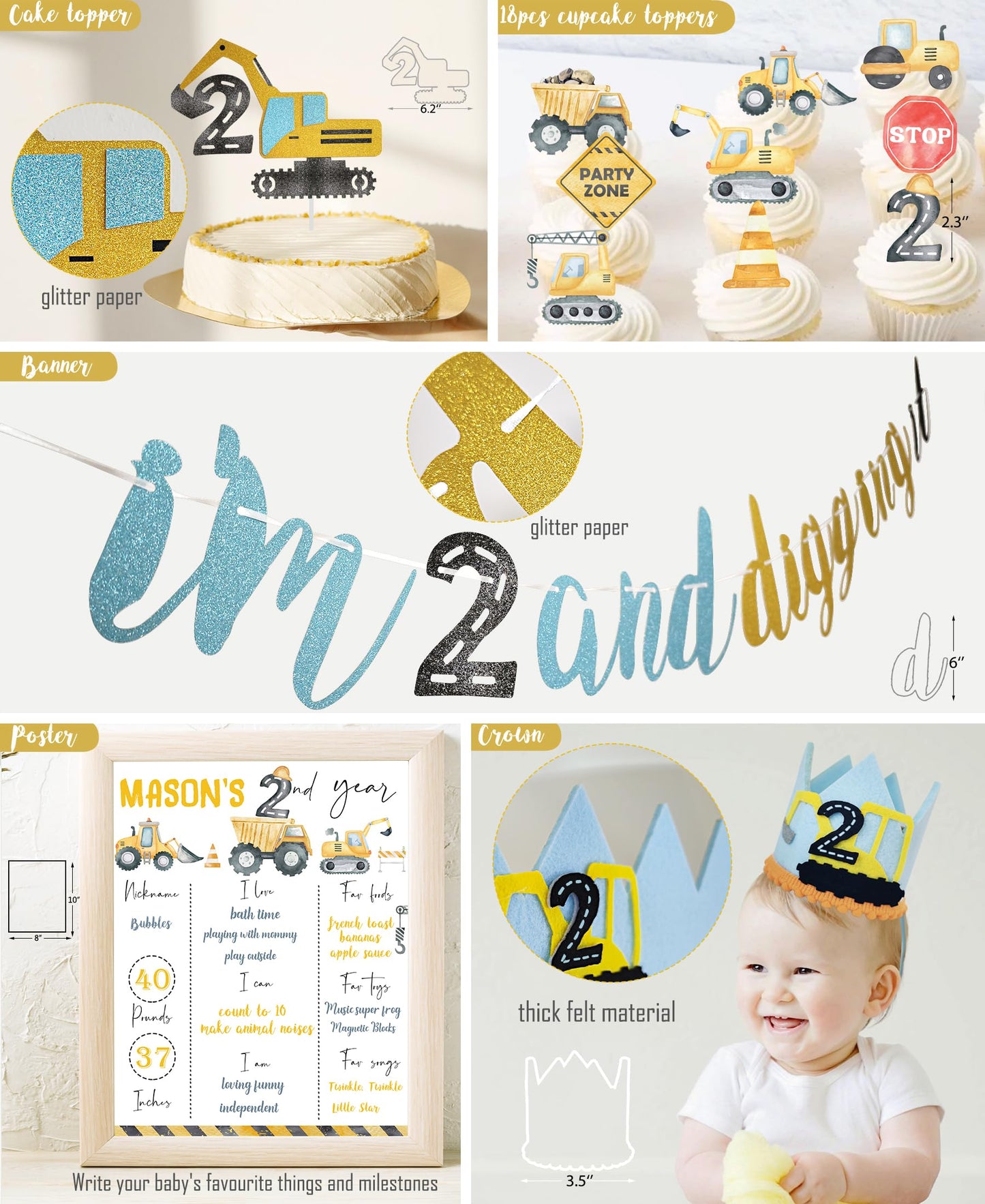 HYCSANBAO Construction Birthday Party Supplies for 2nd Birthday Boy – Backdrop, Garland & More