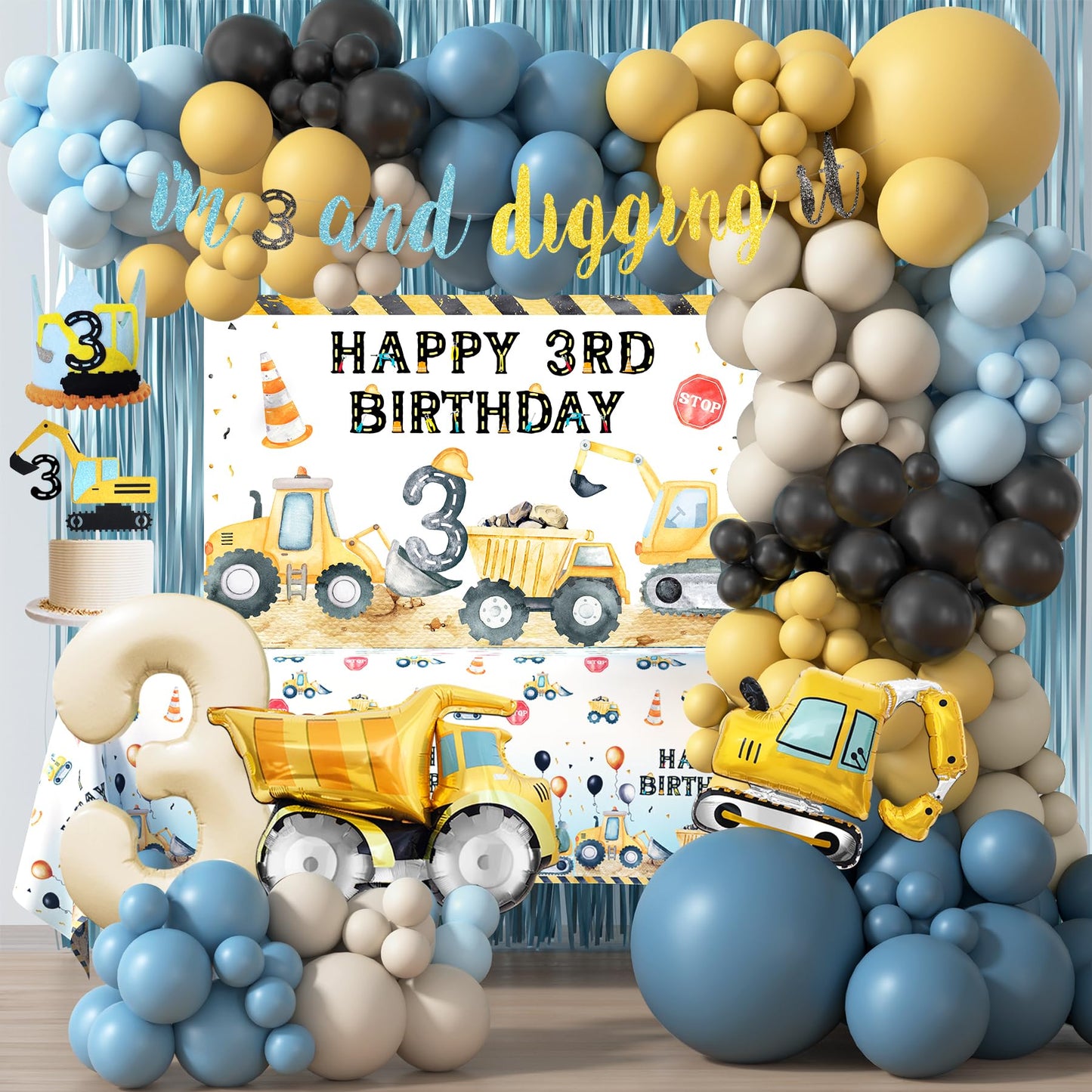 HYCSANBAO Construction 3rd Birthday Party Supplies for Boys | Backdrop, Balloon Garland, Cake Toppers