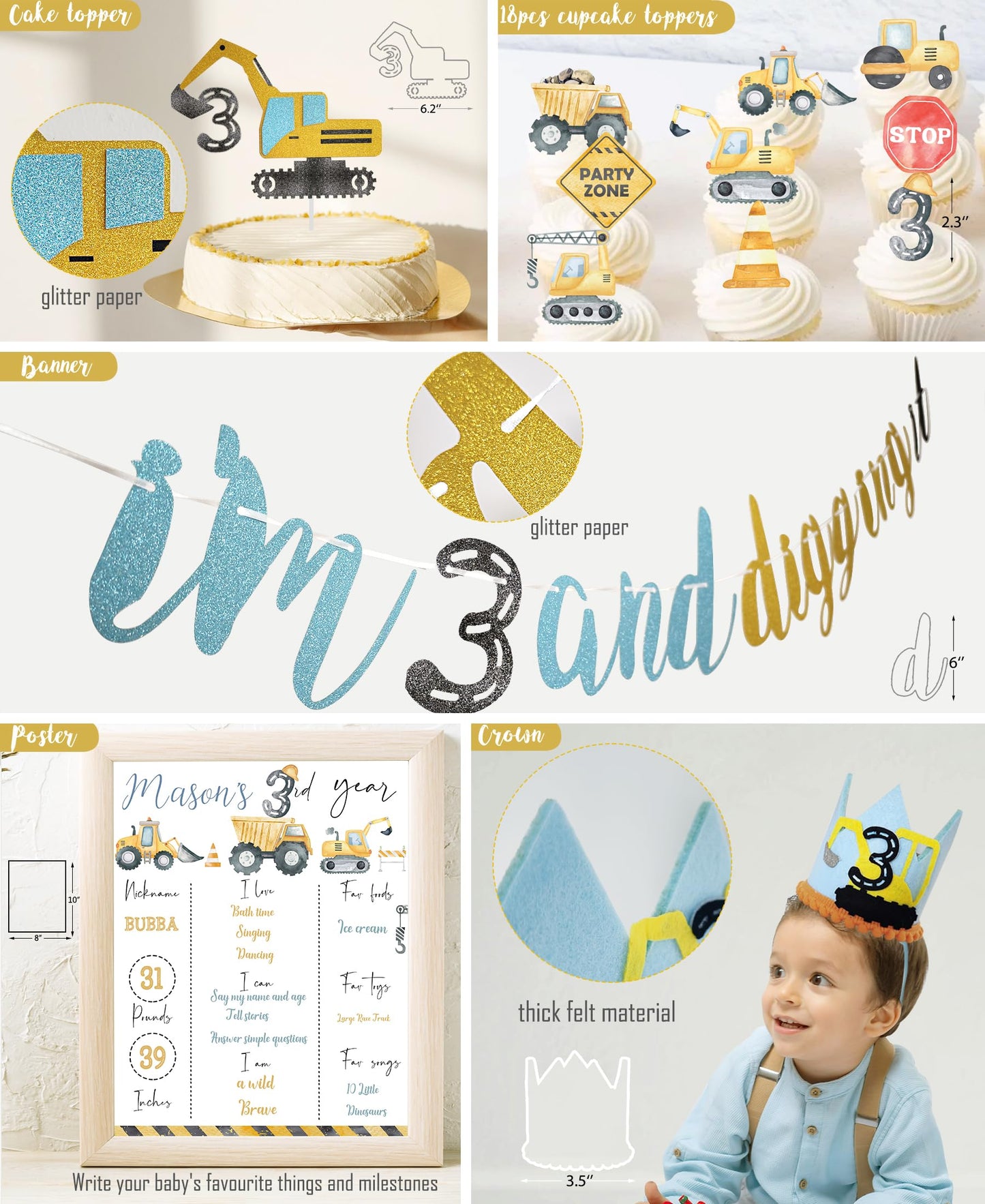 HYCSANBAO Construction 3rd Birthday Party Supplies for Boys | Backdrop, Balloon Garland, Cake Toppers