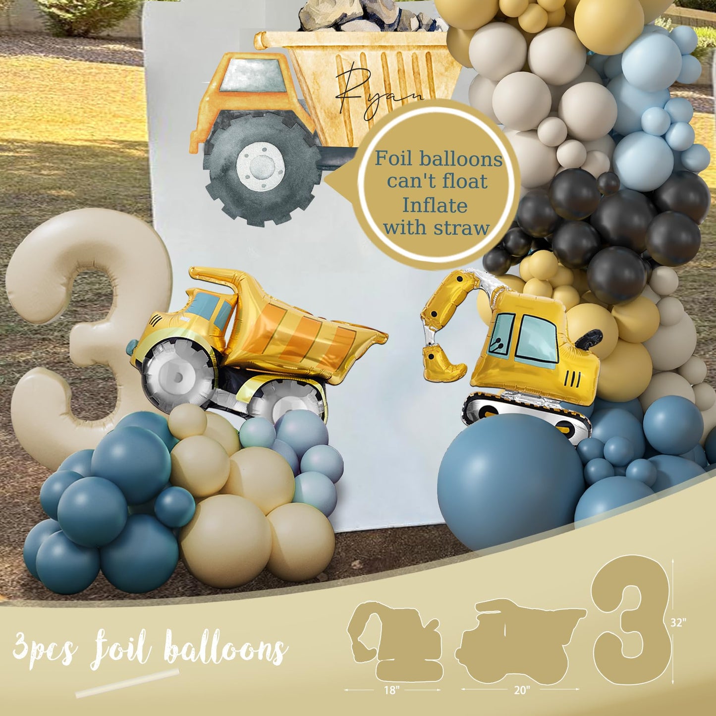 HYCSANBAO Construction 3rd Birthday Party Supplies for Boys | Backdrop, Balloon Garland, Cake Toppers