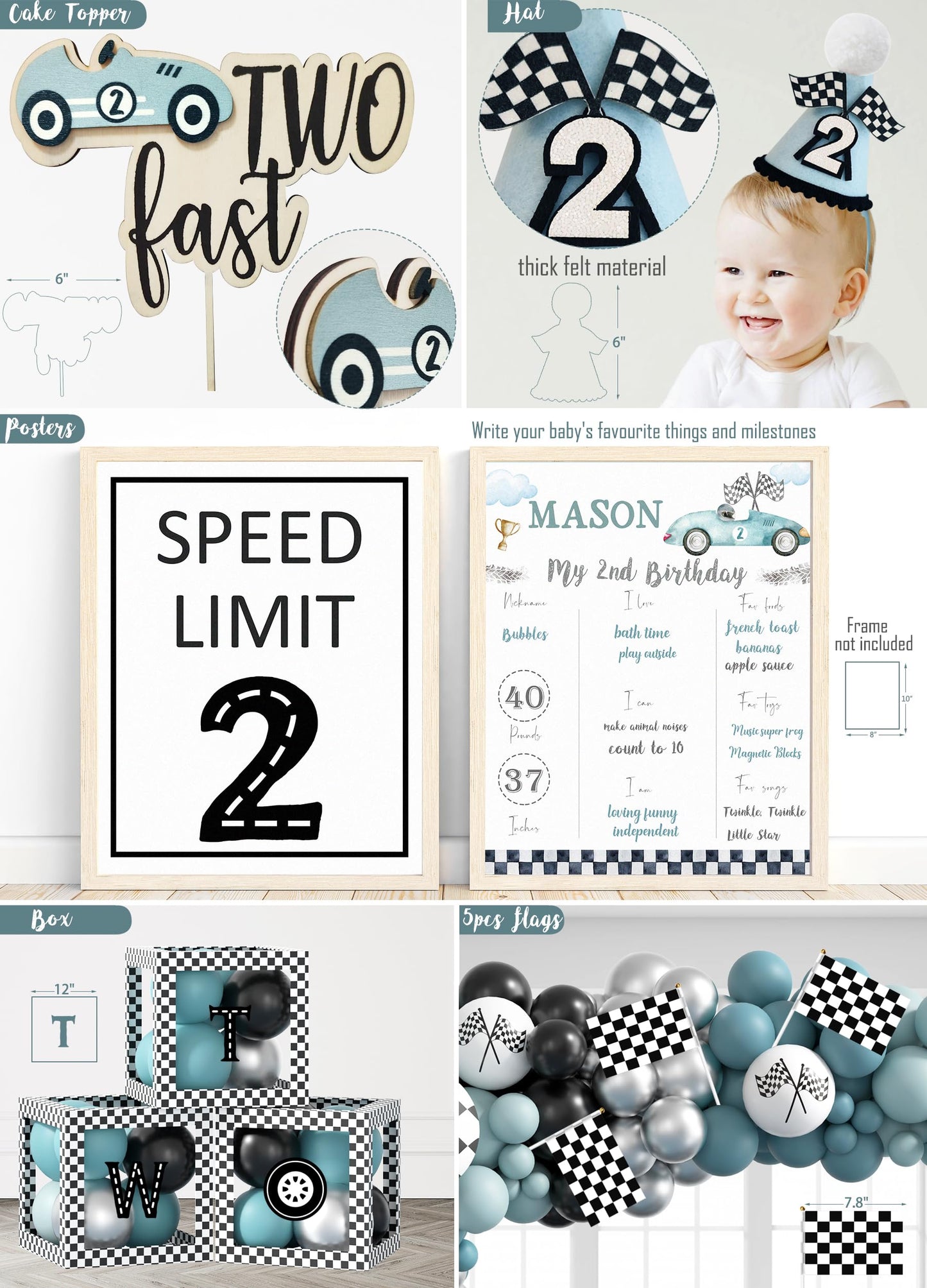HYCSANBAO Two Fast Birthday Decorations – Race Car 2nd Birthday Kit