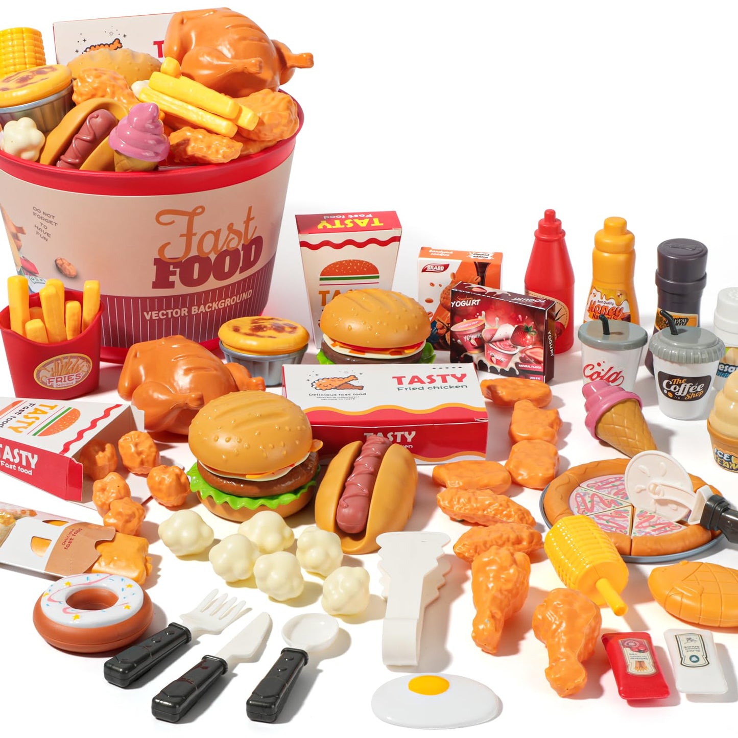 Hydeem 80-Pc Pretend Play Food Set for Kids – Fast Food Kitchen Play with Storage Bucket