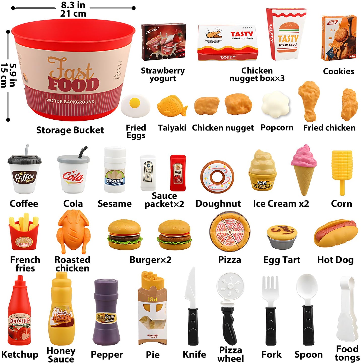 Hydeem 80-Pc Pretend Play Food Set for Kids – Fast Food Kitchen Play with Storage Bucket