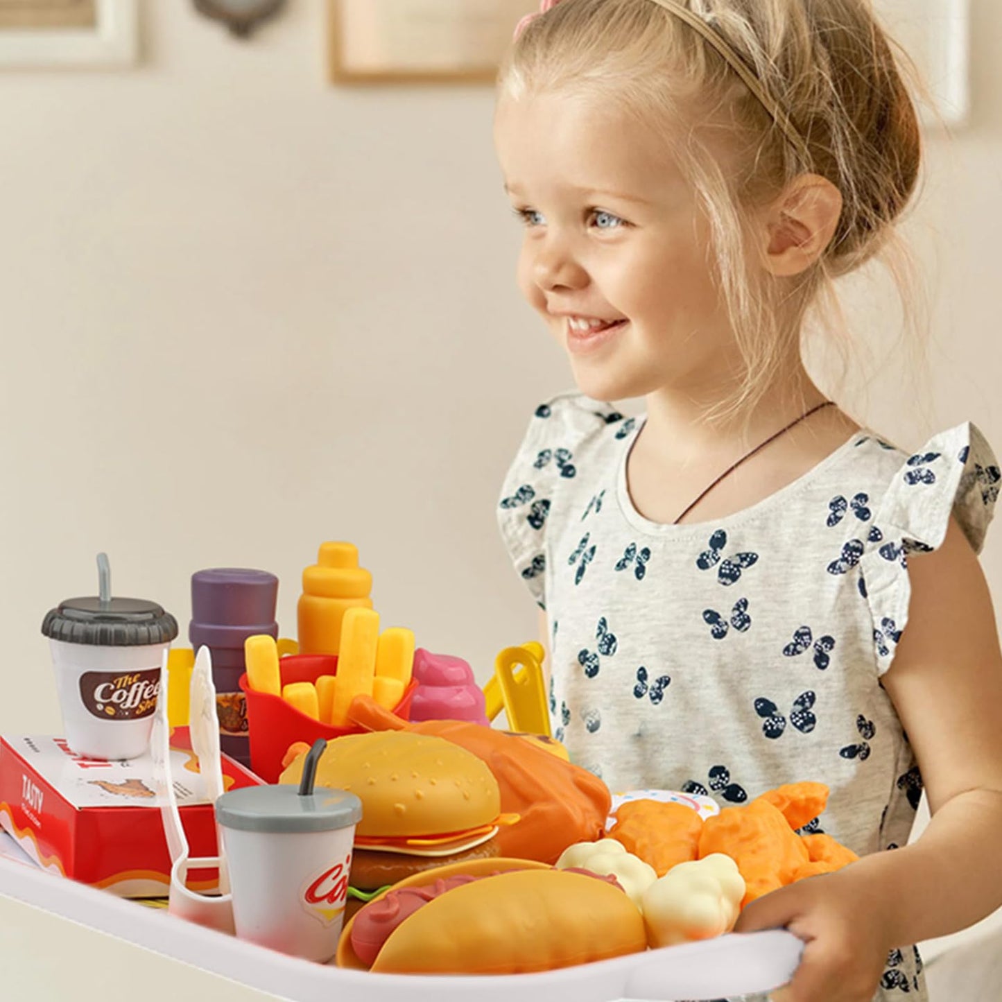 Hydeem 80-Pc Pretend Play Food Set for Kids – Fast Food Kitchen Play with Storage Bucket