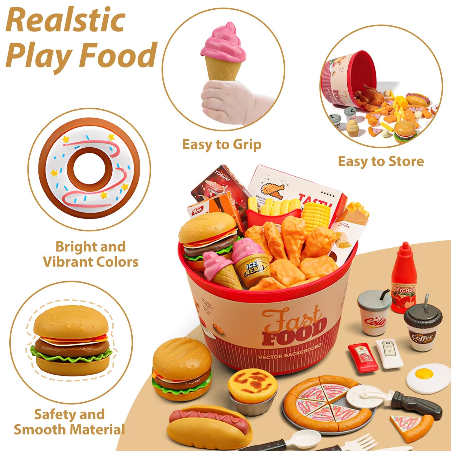 Hydeem 80-Pc Pretend Play Food Set for Kids – Fast Food Kitchen Play with Storage Bucket