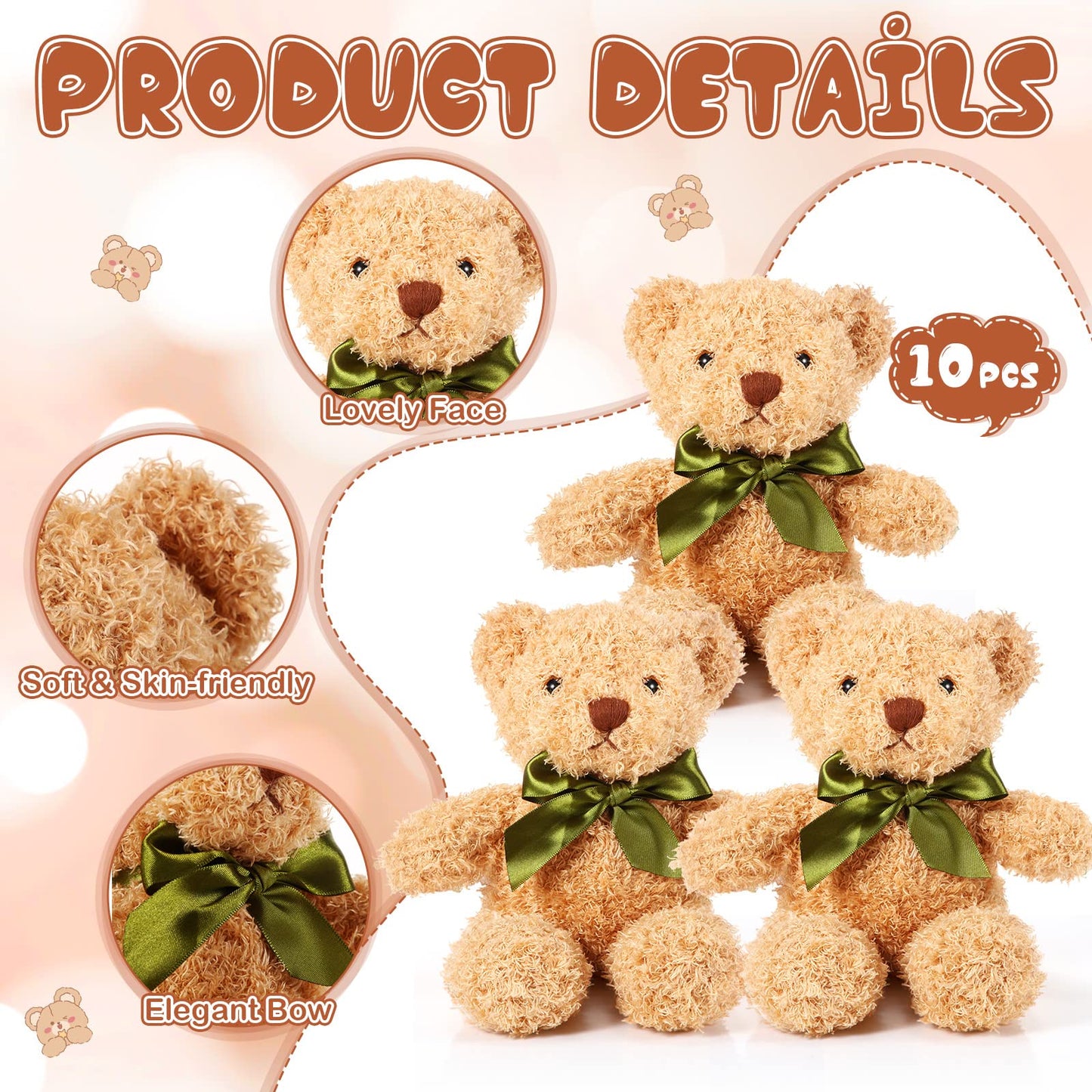 HyDren 6 Pcs Bear Stuffed Animals – Soft Brown Plush Bears for Sleep, Play, and Home Decor