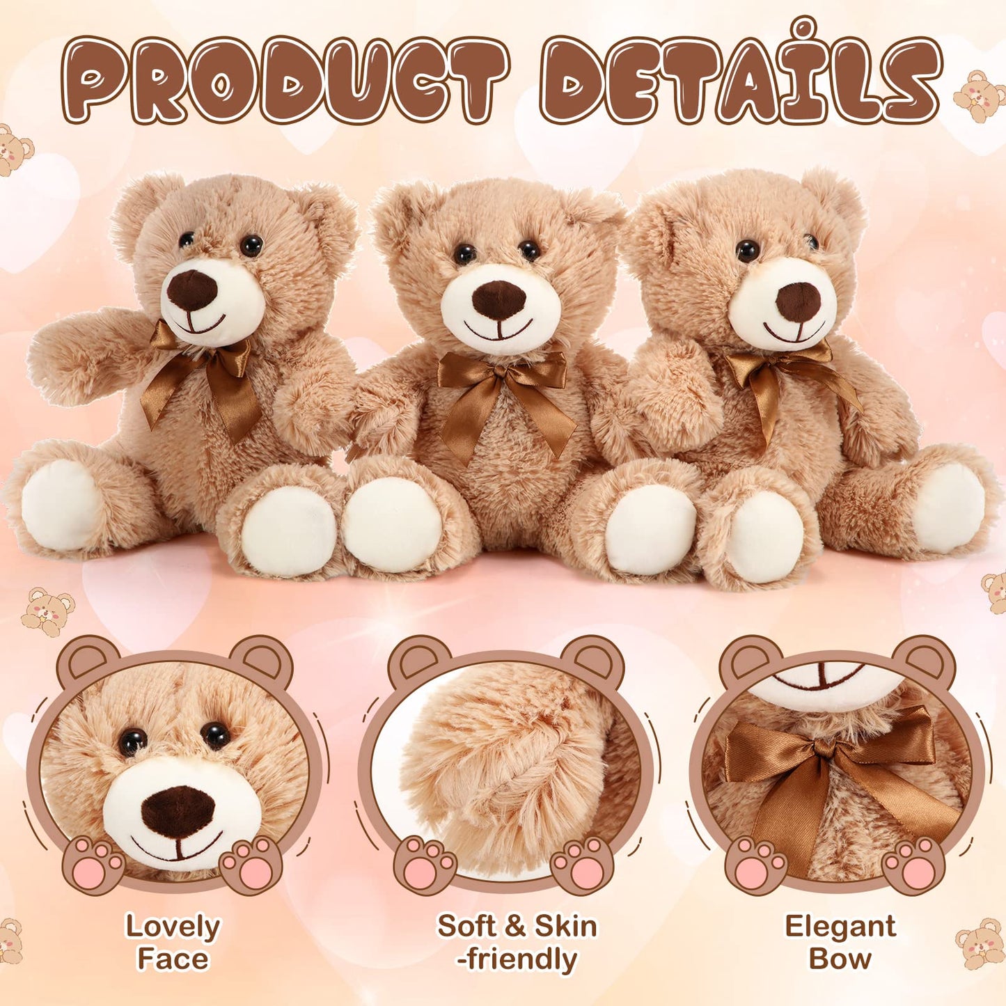 HyDren 6-Piece Bear Stuffed Animals – Soft Plush, Bedtime Companion & Decor