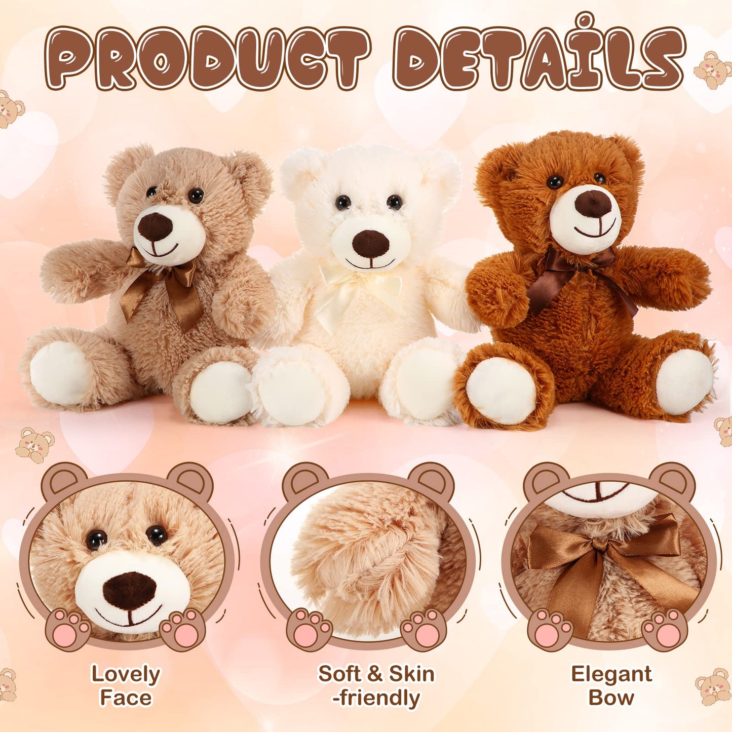 HyDren 6 Pcs Bear Stuffed Animals – Soft Plush Bears for Sleep, Play, and Decor