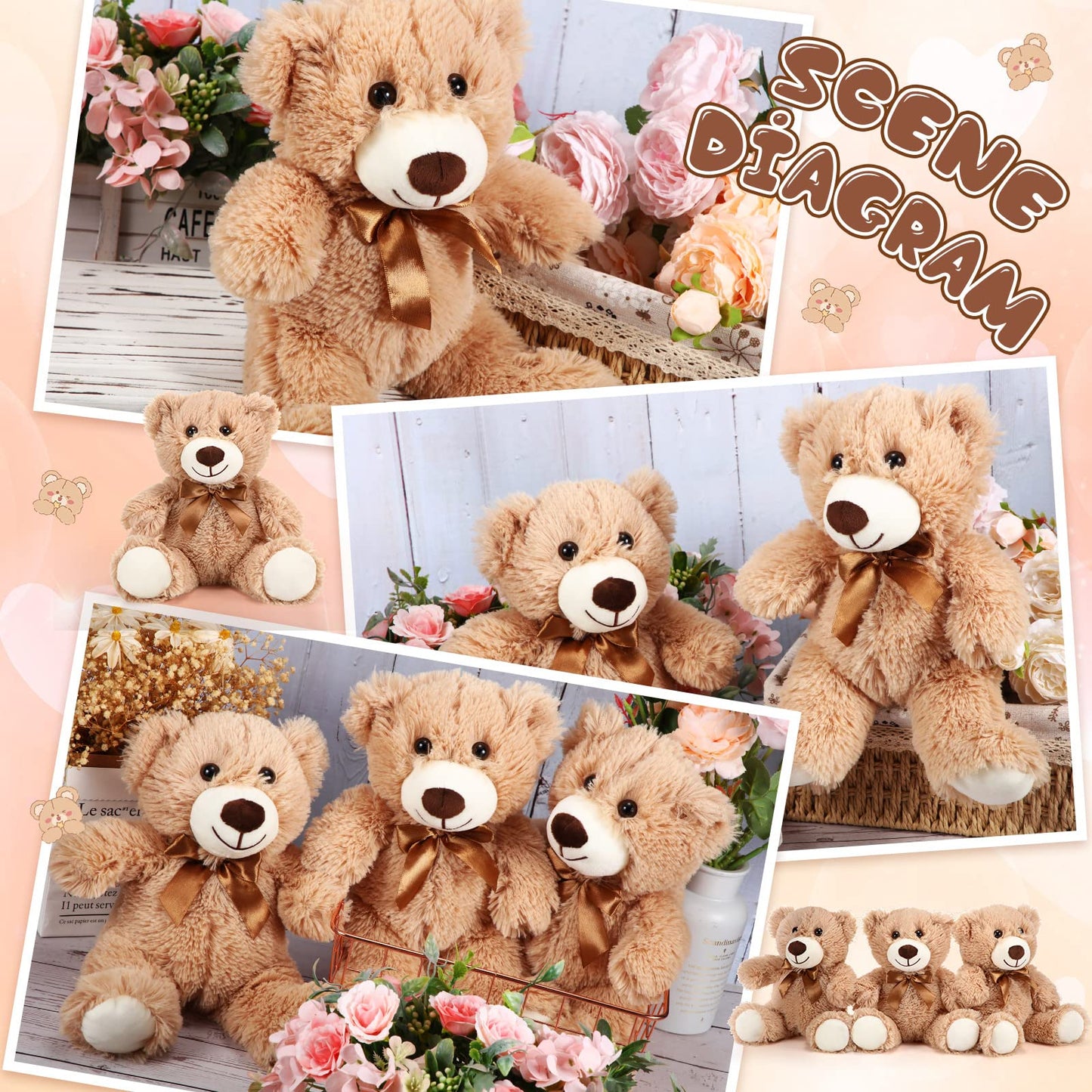 HyDren 6-Piece Bear Stuffed Animals – Soft Plush, Bedtime Companion & Decor
