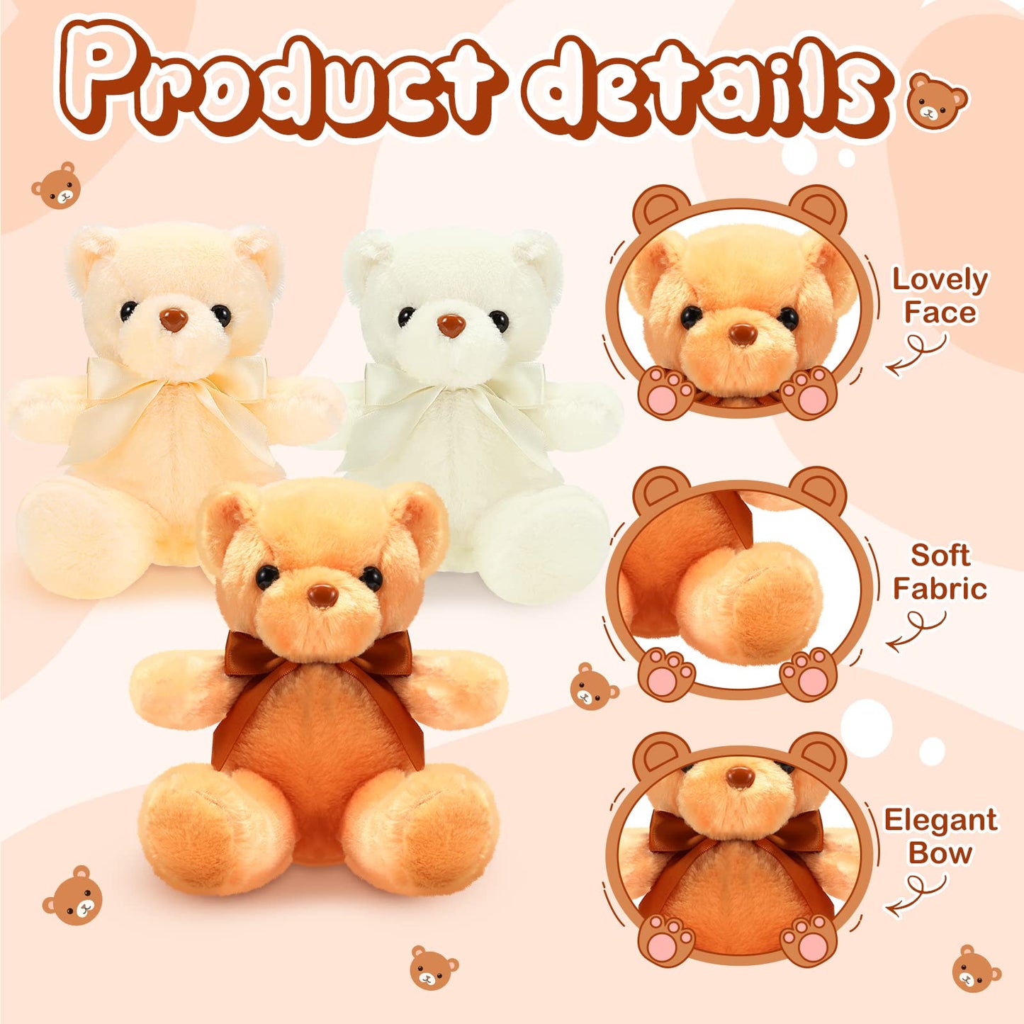 HyDren 6 Pcs Bear Stuffed Animals – Soft Plush Bears for Sleep, Play & Home Decor