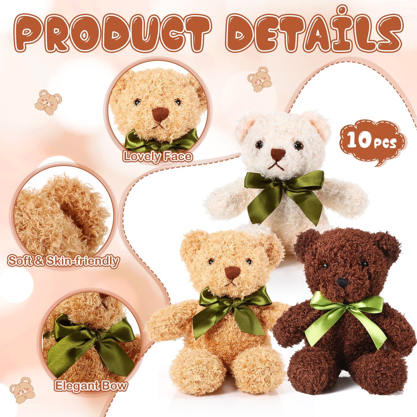 HyDren 6 Pcs Bear Stuffed Animals – Soft Plush Bears for Sleep, Play & Home Decor