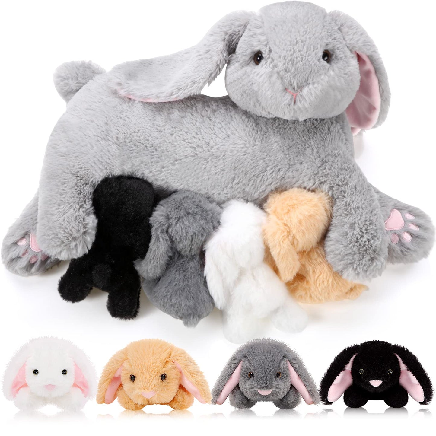 HyDren 5-Piece Bunny Stuffed Animal Set – 15-Inch Mom Bunny with 4 Babies Plush Toys