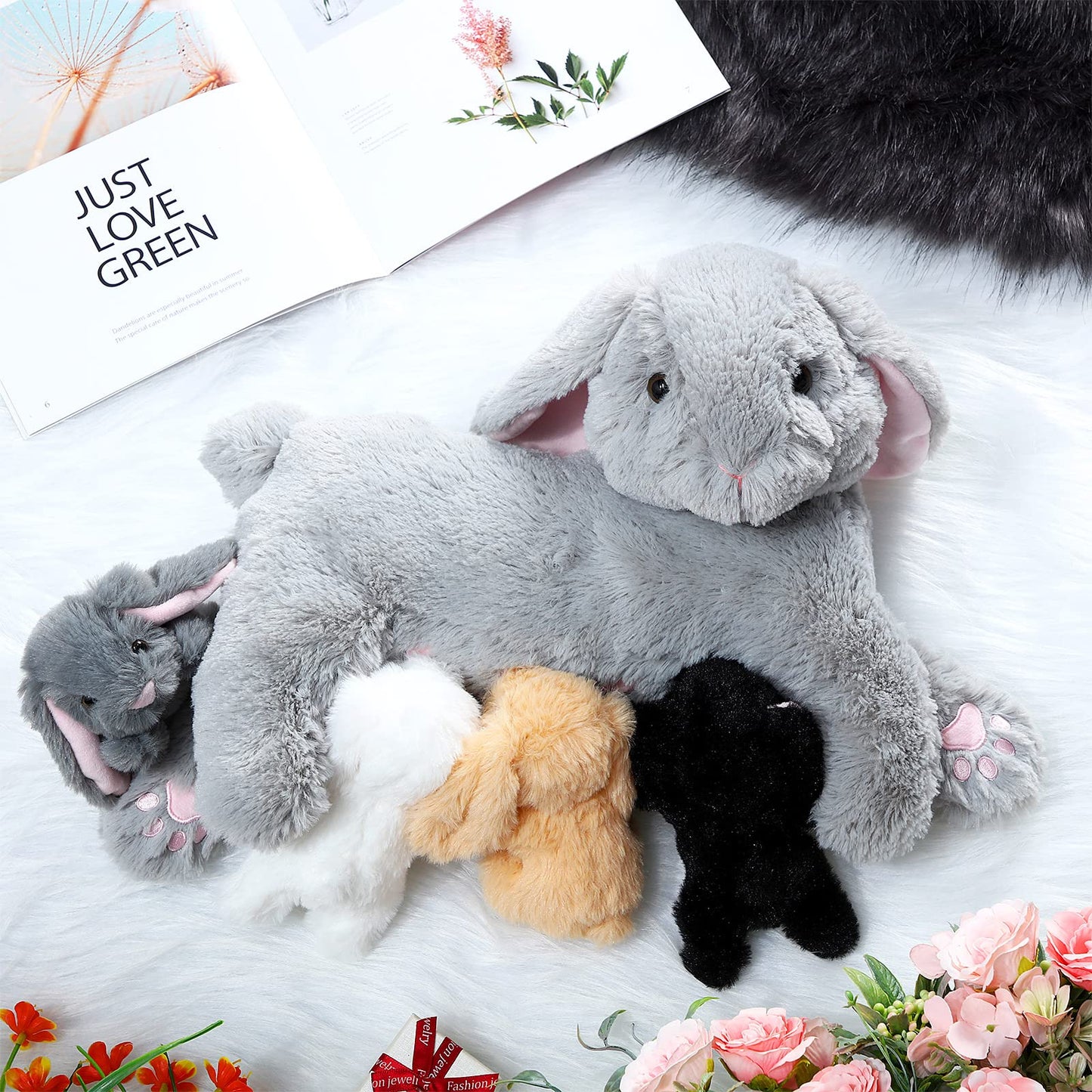 HyDren 5-Piece Bunny Stuffed Animal Set – 15-Inch Mom Bunny with 4 Babies Plush Toys