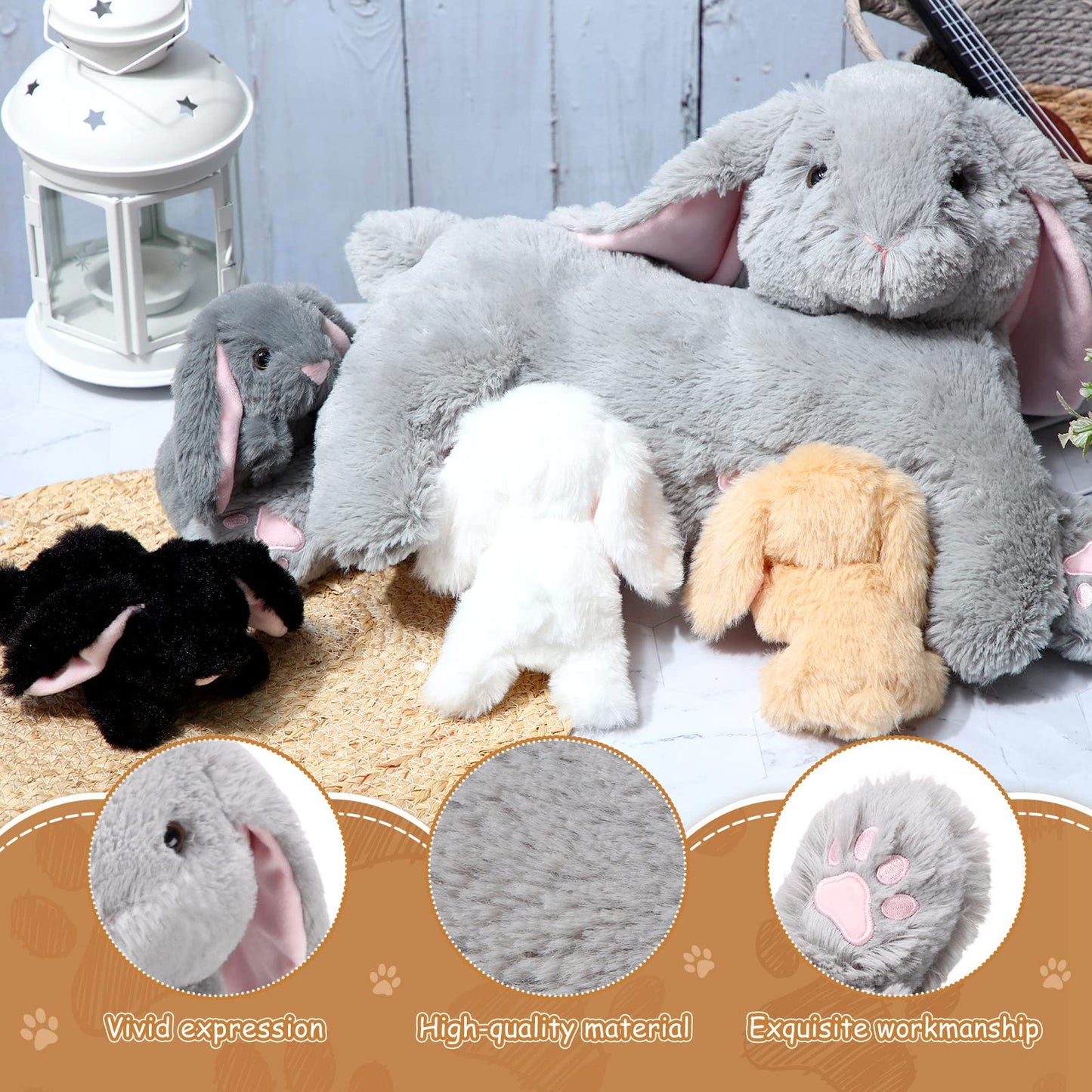 HyDren 5-Piece Bunny Stuffed Animal Set – 15-Inch Mom Bunny with 4 Babies Plush Toys