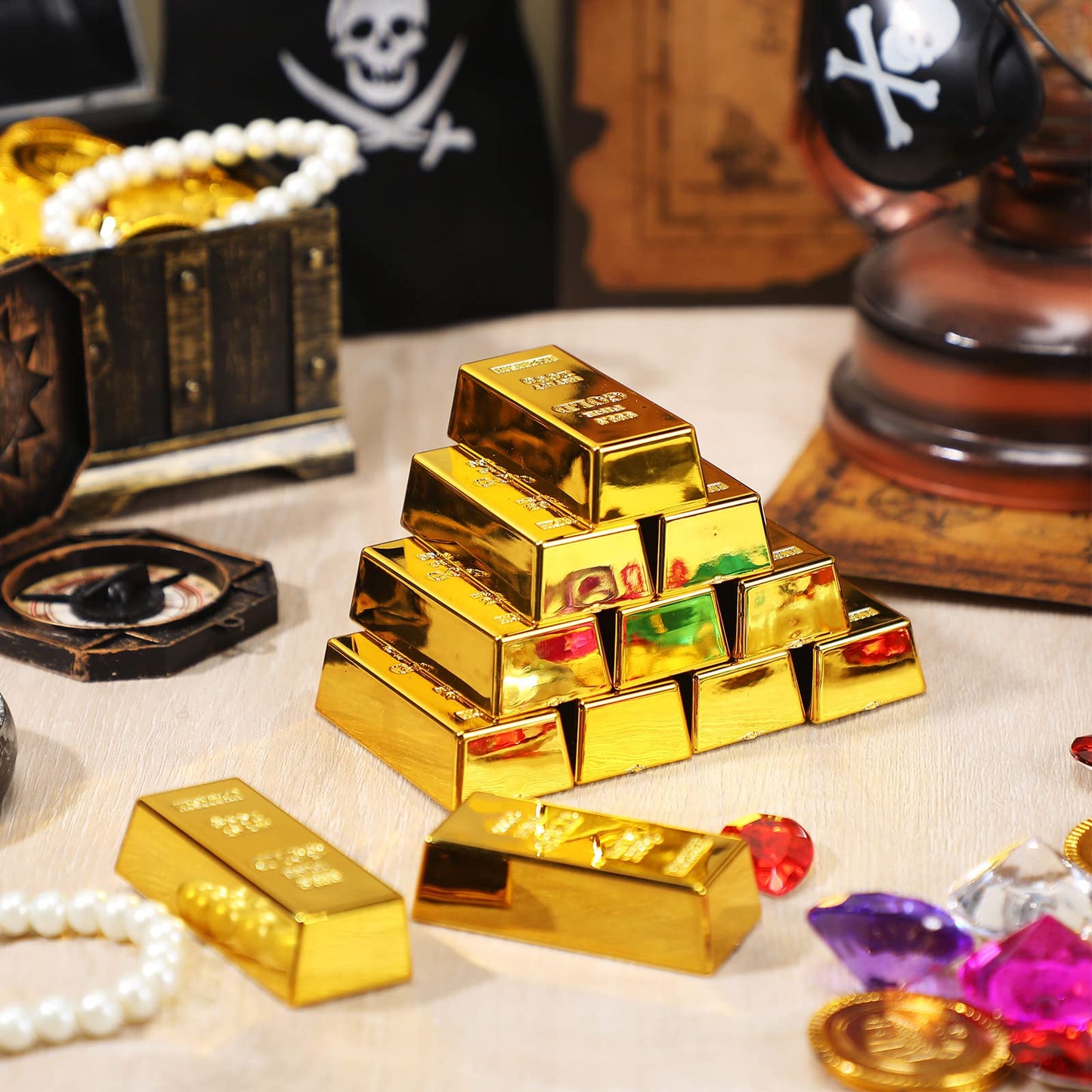 HyDren 24 Pcs Fake Gold Bar Prop Set with Canvas Money Bags | Movie & Party Decor