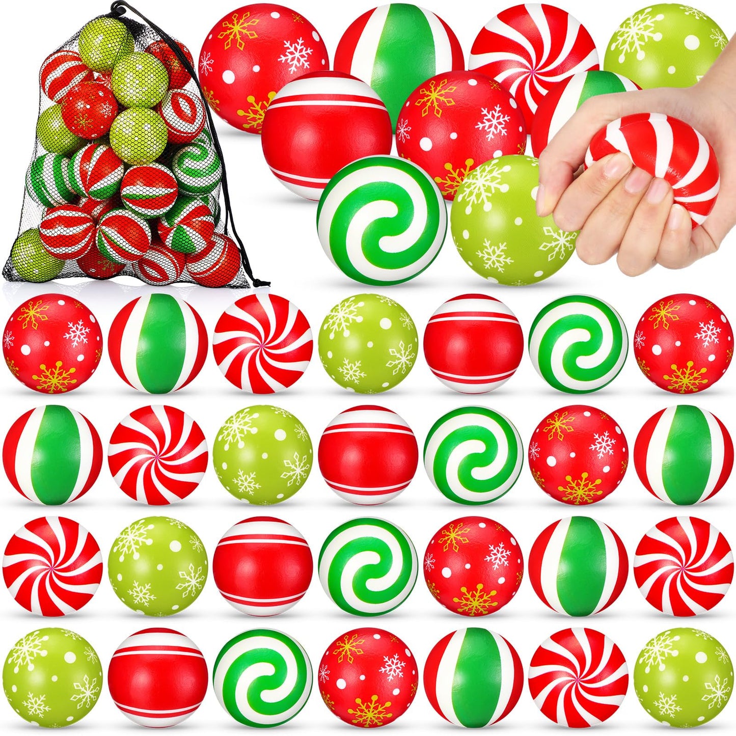 HyDren 36 Mini Christmas Stress Balls – 2.36-Inch Candy Cane Foam Balls with Mesh Bag