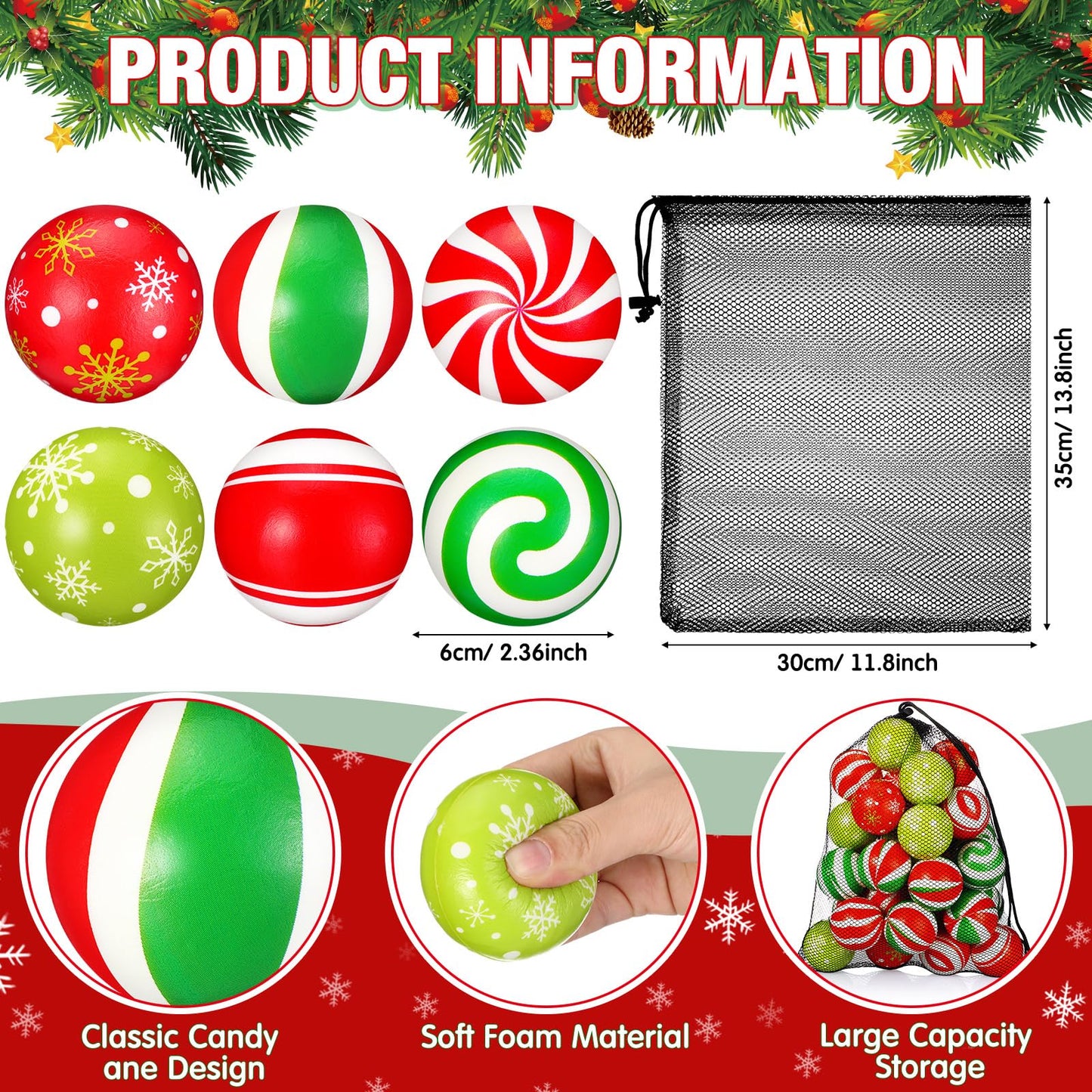 HyDren 36 Mini Christmas Stress Balls – 2.36-Inch Candy Cane Foam Balls with Mesh Bag