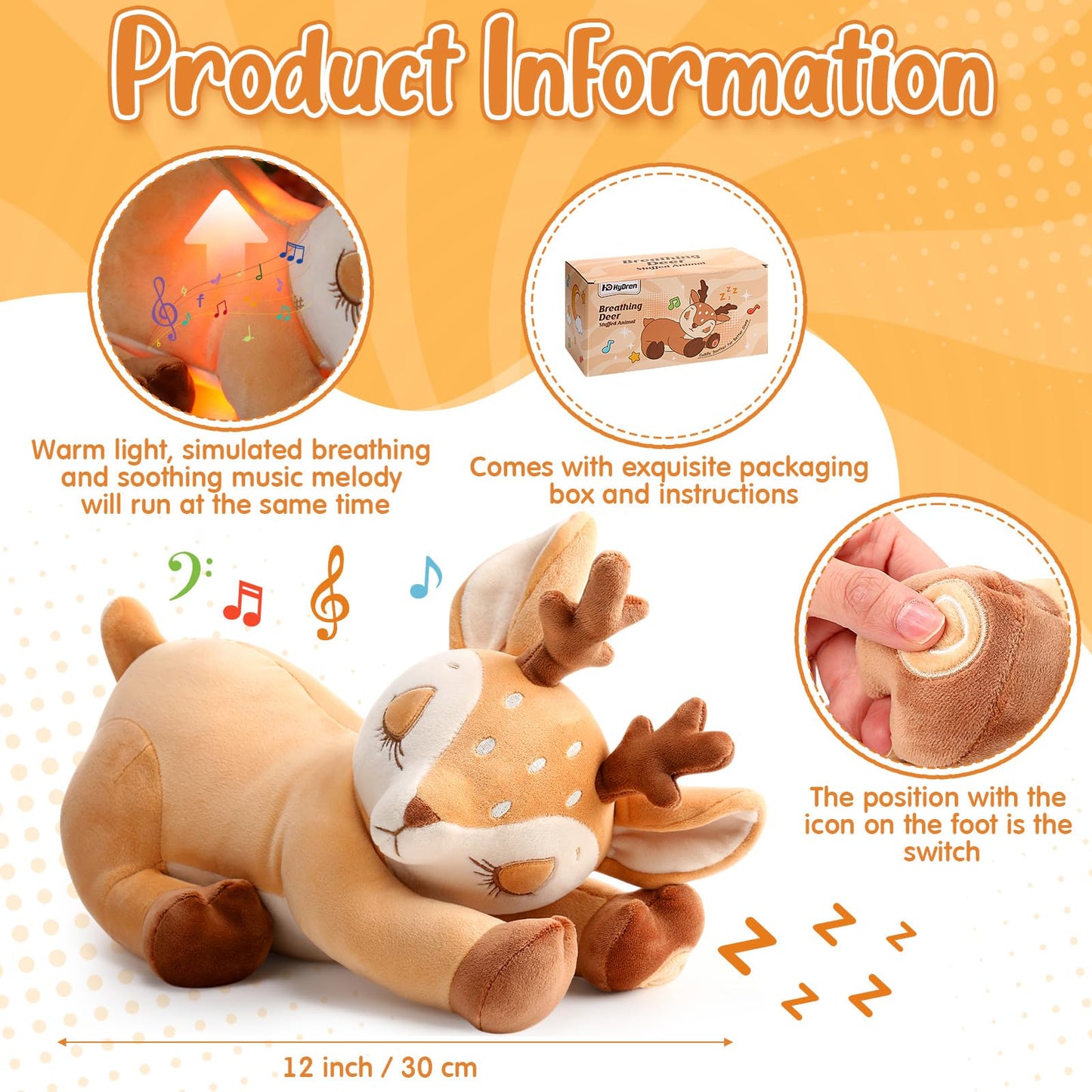 HyDren Breathing Deer – Soothing Plush with Lights, Music & Breathing Motion for Sleep & Relaxation