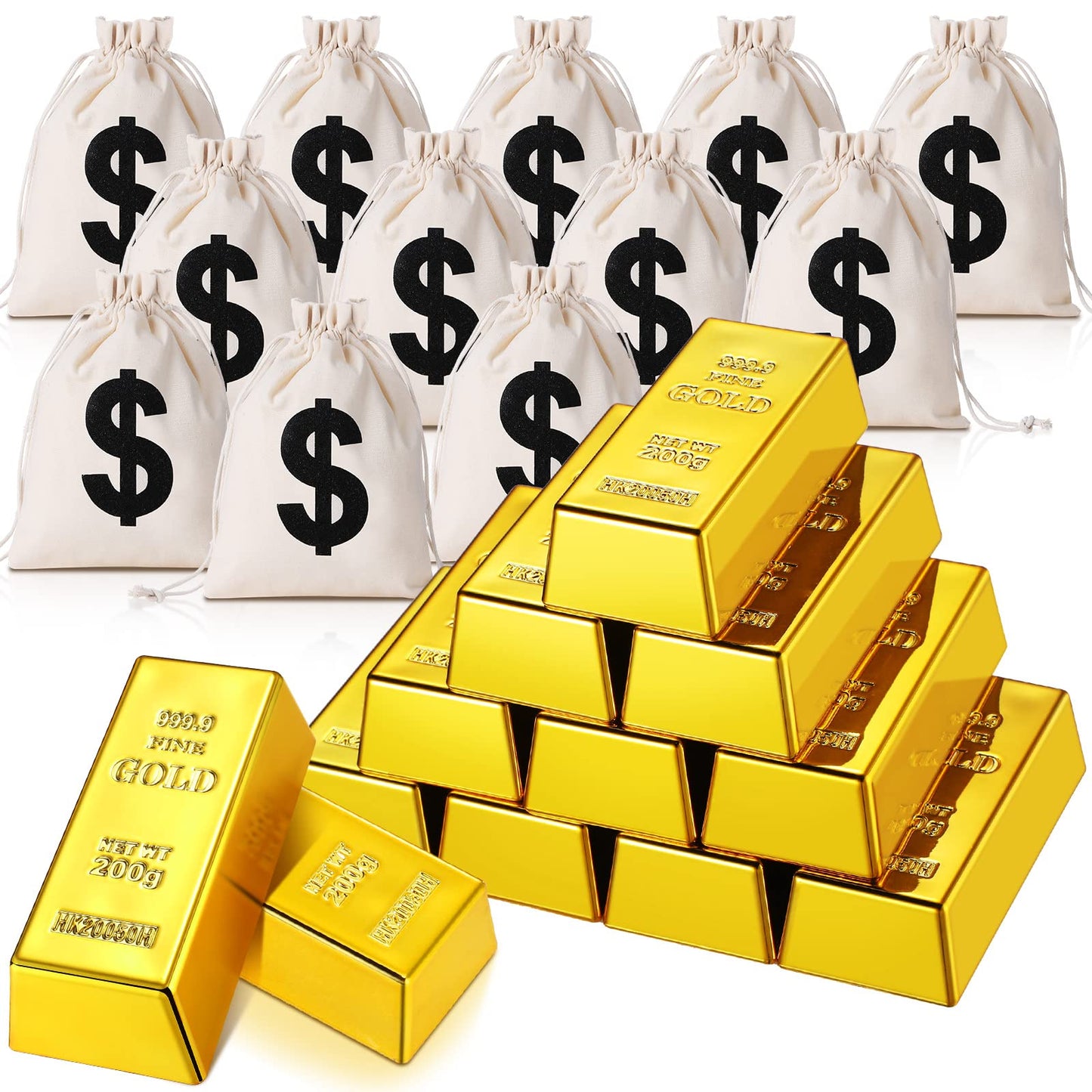 HyDren 24 Pcs Fake Gold Bar Prop Set with Canvas Money Bags | Movie & Party Decor