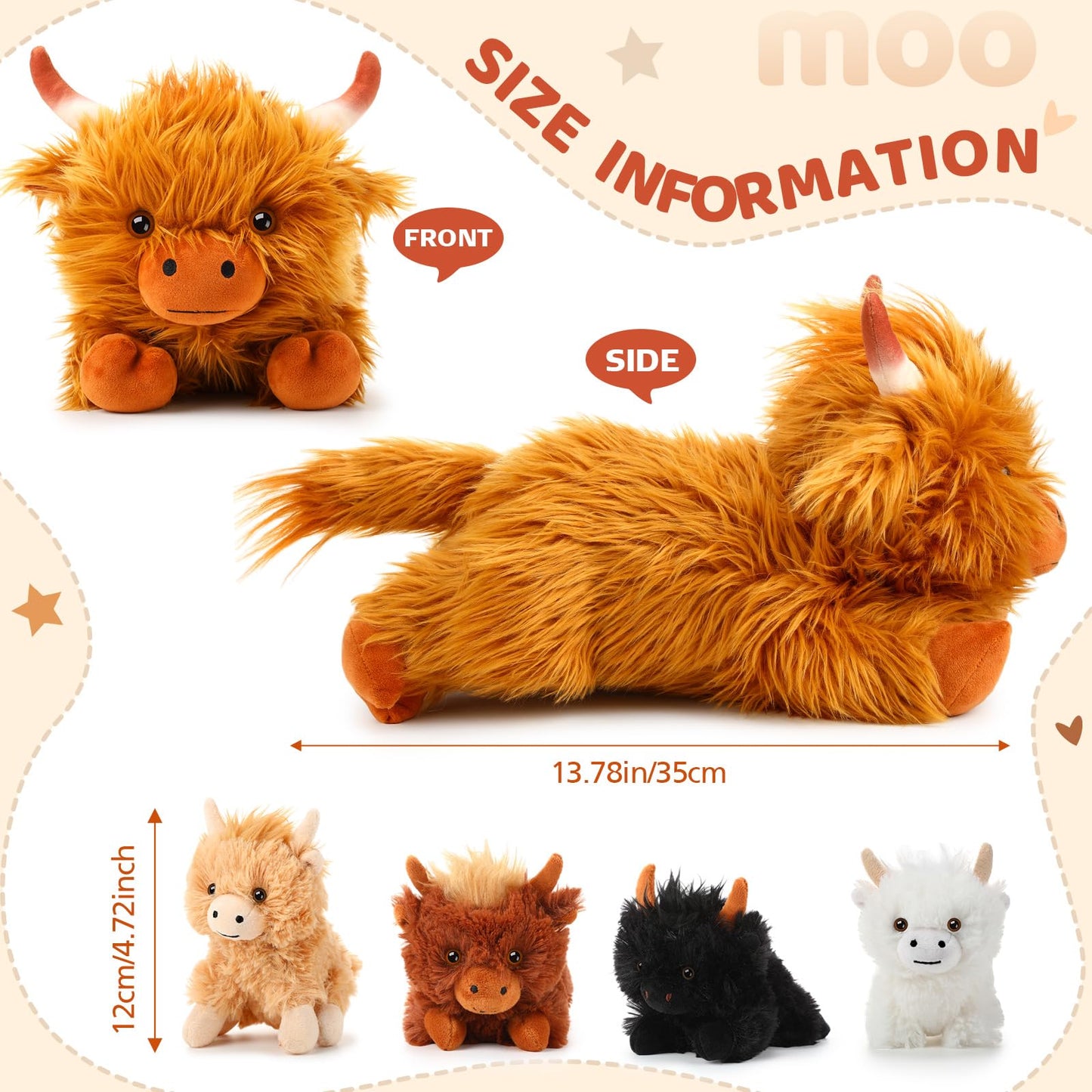 HyDren 5 Pcs Highland Cow Plush Set – 13.78 Inch Mommy + 4 Babies