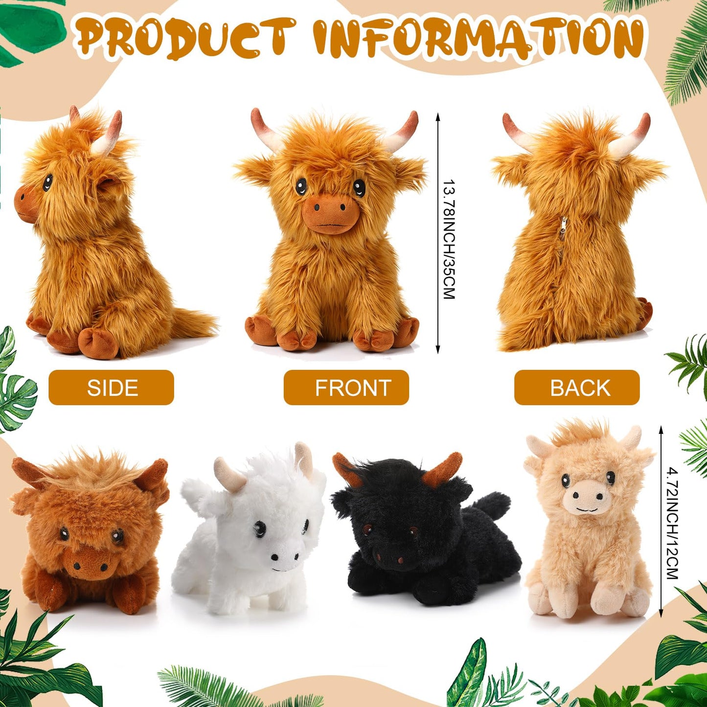 HyDren 5 Pcs Highland Cows Plush Set — 13.78-Inch Mommy Cow + 4 Babies, Soft Plush Toy Set
