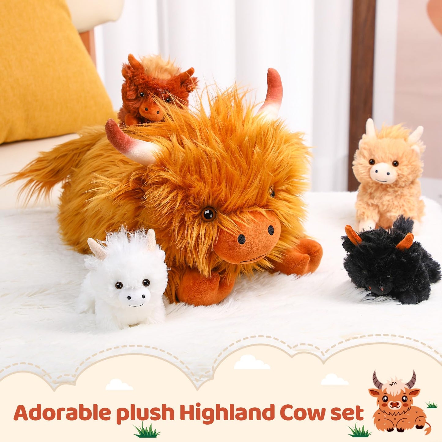 HyDren 5 Pcs Highland Cow Plush Set – 13.78 Inch Mommy + 4 Babies
