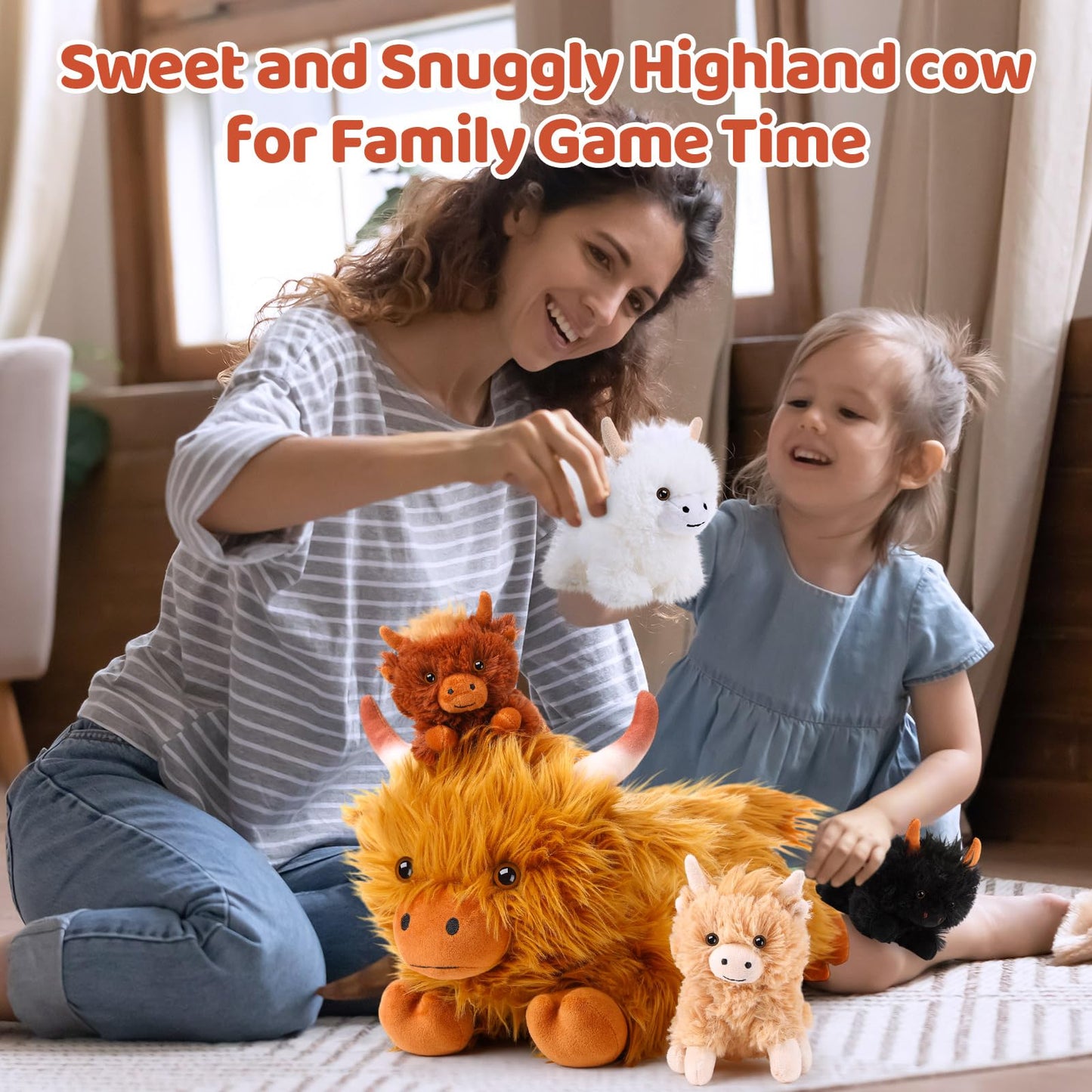 HyDren 5 Pcs Highland Cow Plush Set – 13.78 Inch Mommy + 4 Babies