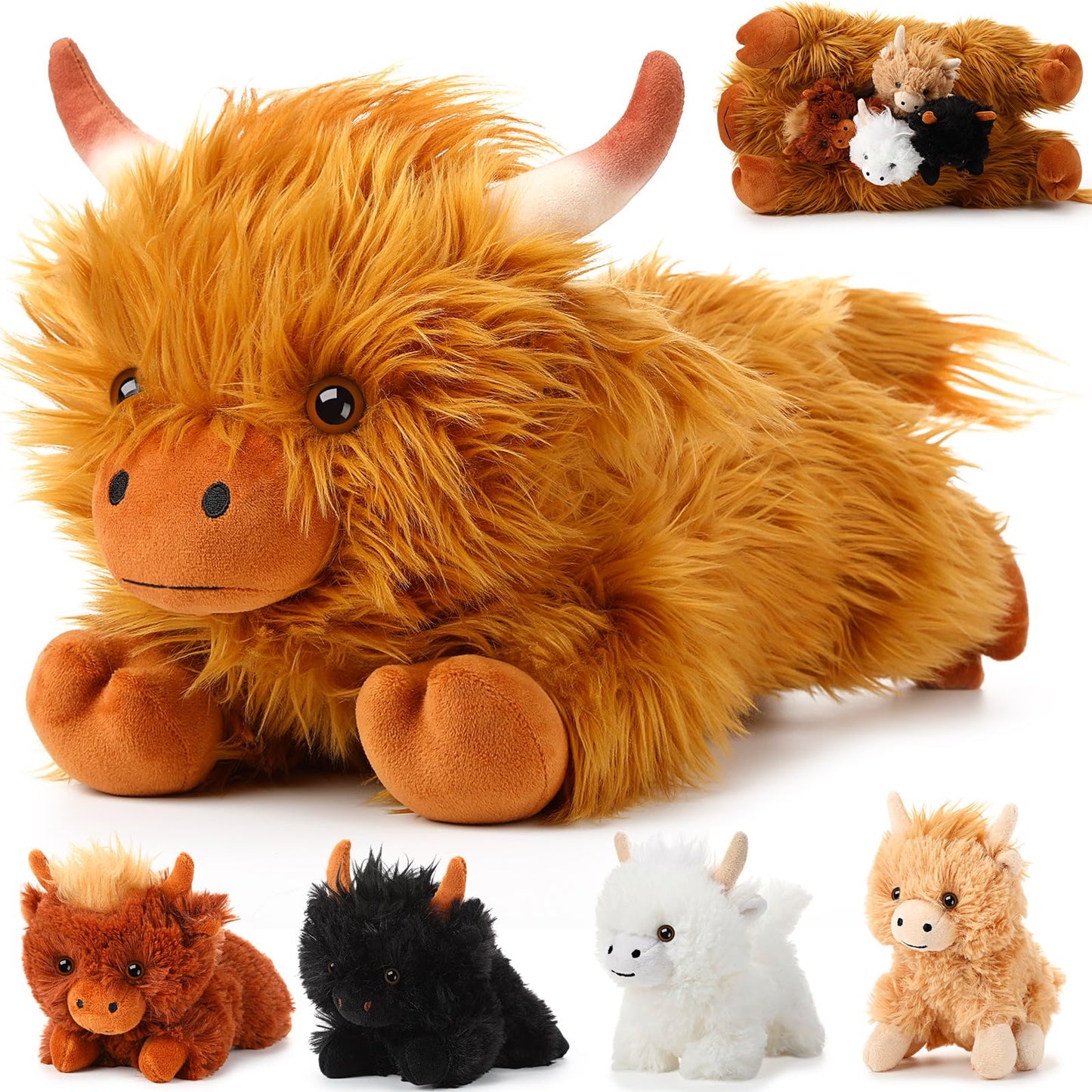 HyDren 5 Pcs Highland Cow Plush Set – 13.78 Inch Mommy + 4 Babies